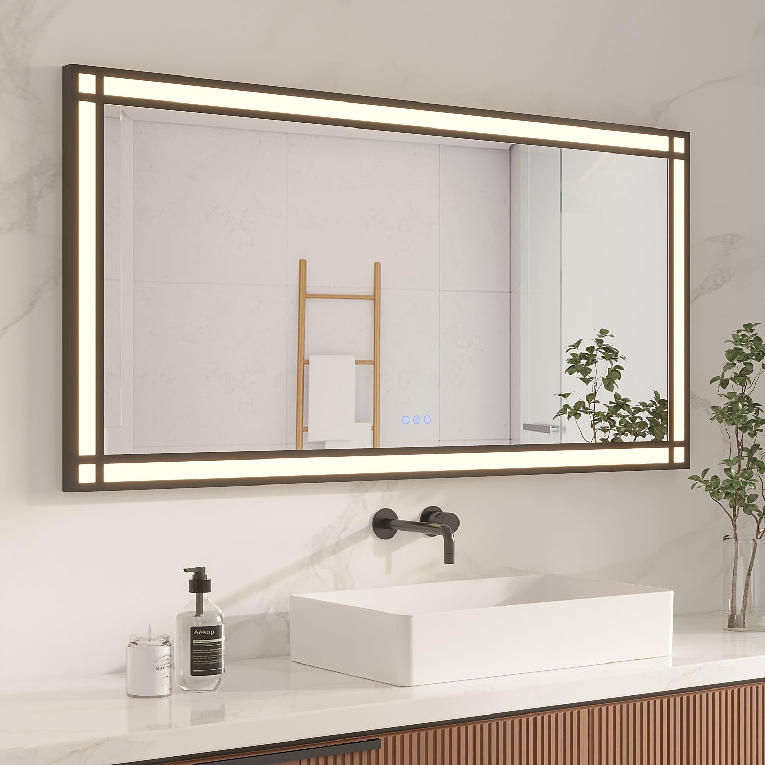 AQUABATOS grande specchio da bagno a LED con illuminazione 140x70 cm effetto finestra specchio luminoso cornice in alluminio nero dimmerabile antiappannamento
