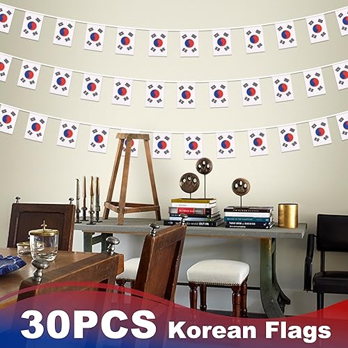 Miniatura 6 de Banderín de bandera de Corea, mini banderas coreanas pequeñas, decoración nacional de país para escuela, fiesta, eventos deportivos, 33 pies 30