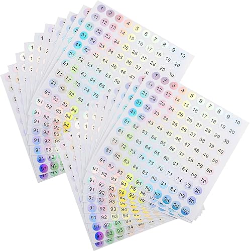 RIVEENY 20 hojas de 1 a 100 adhesivos reflectantes láser pequeños redondos con números consecutivos autoadhesivos para almacenamiento de inventario,