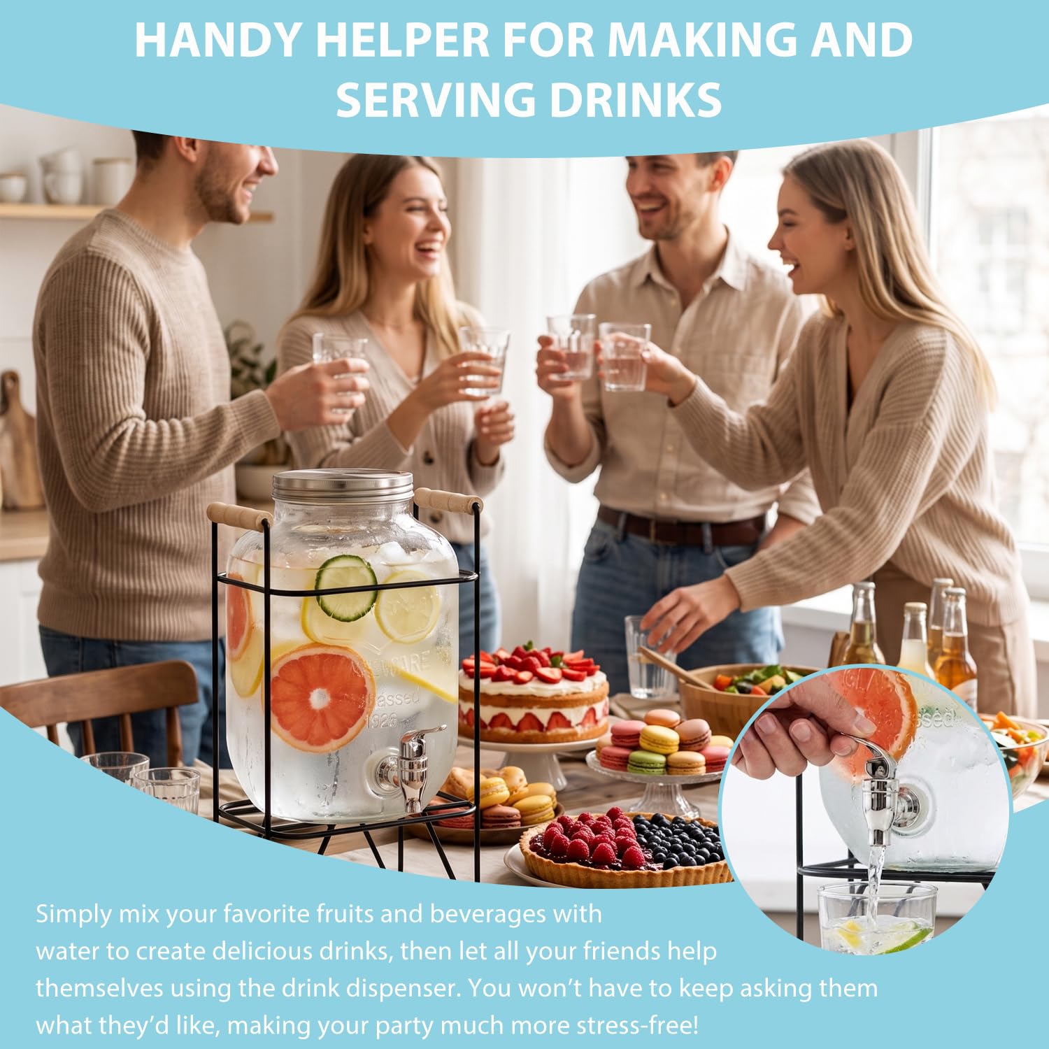 Dispensador de bebidas con grifo, dispensador de limonada de cristal, dispensador de zumo de cristal con tapa, sin BPA, dispensador de agua con base elevada, para cócteles, té helado, té de frutas