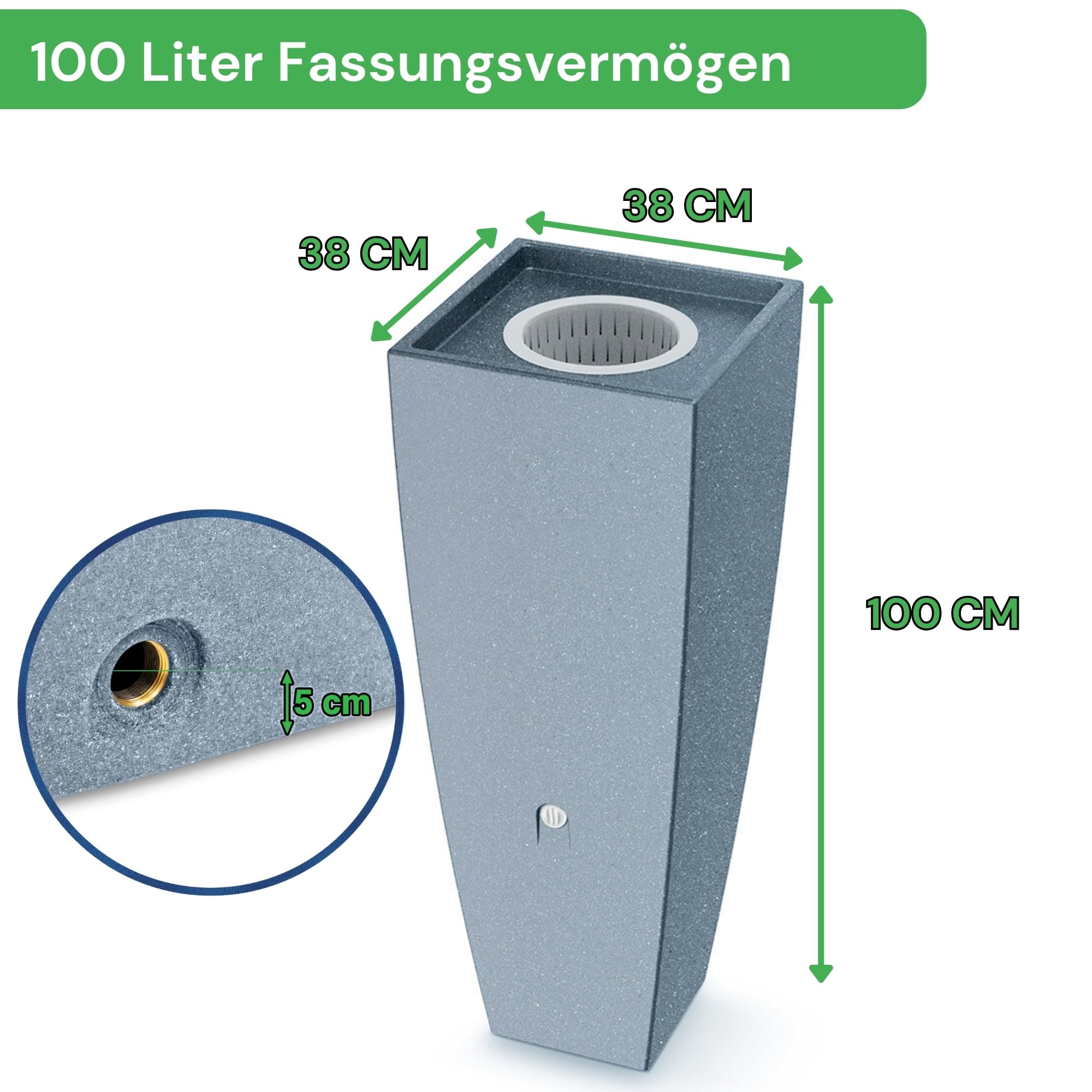YourCasa Beczka na deszczówkę 100L [PureFlow], beczka na wodę z metalowym gwintem i koszykiem filtracyjnym - beczka na deszczówkę odporna na mróz z tworzywa sztucznego - zbiornik na wodę deszczową