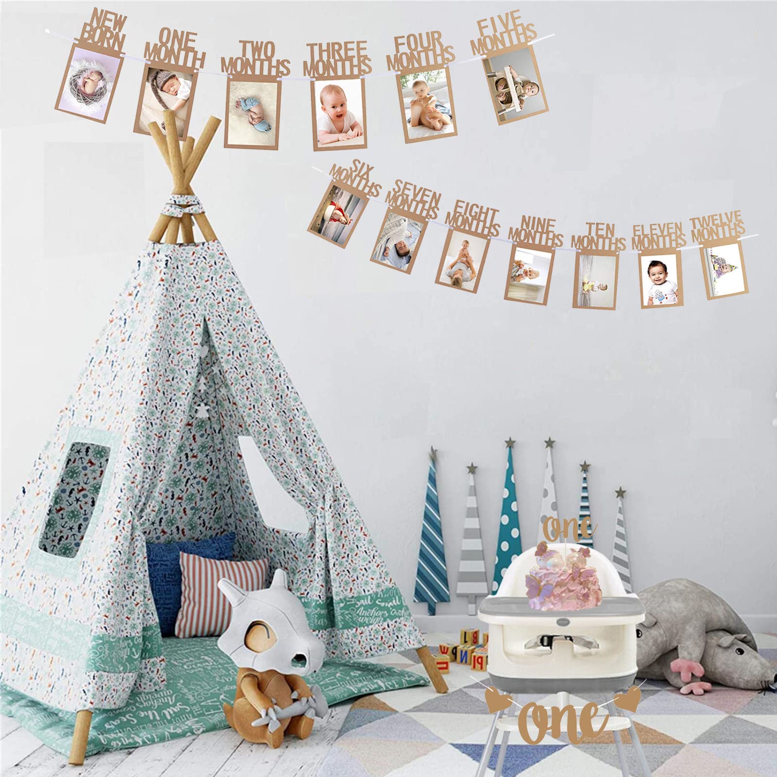 Siyoriot 1. Geburtstag Dekoration Set – Monatsfoto-Banner, Hochstuhl-Banner, Kuchen-Topper