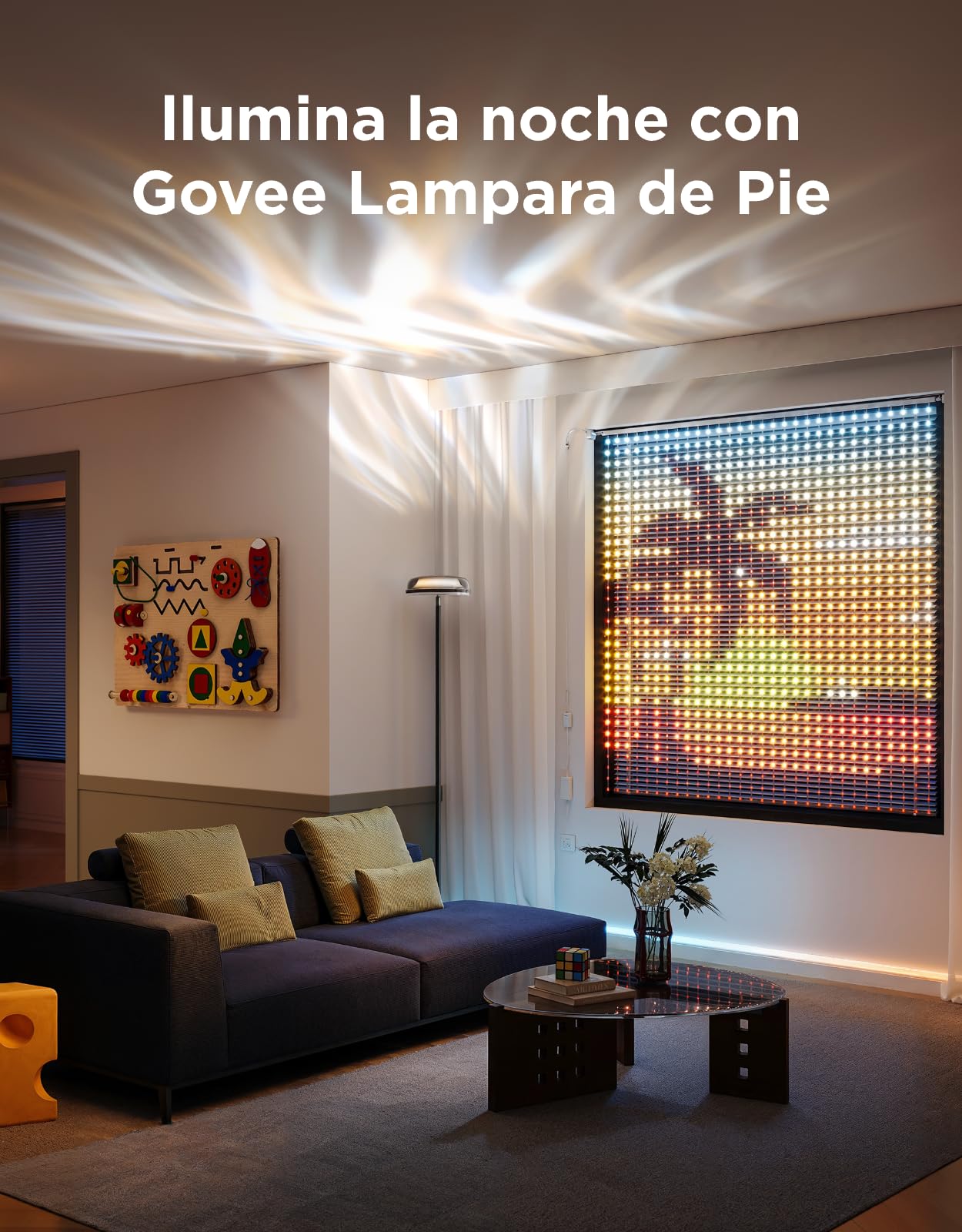 Govee Lampara de Pie de Tres Zonas Independientes RGBIC, Lámpara de Pie con Iluminación Ondulada, Compatible con Matter y Alexa, 80+ Modos de Escena, 1000lm, 2700-6500K, Ideal para Salon y Dormitorio
