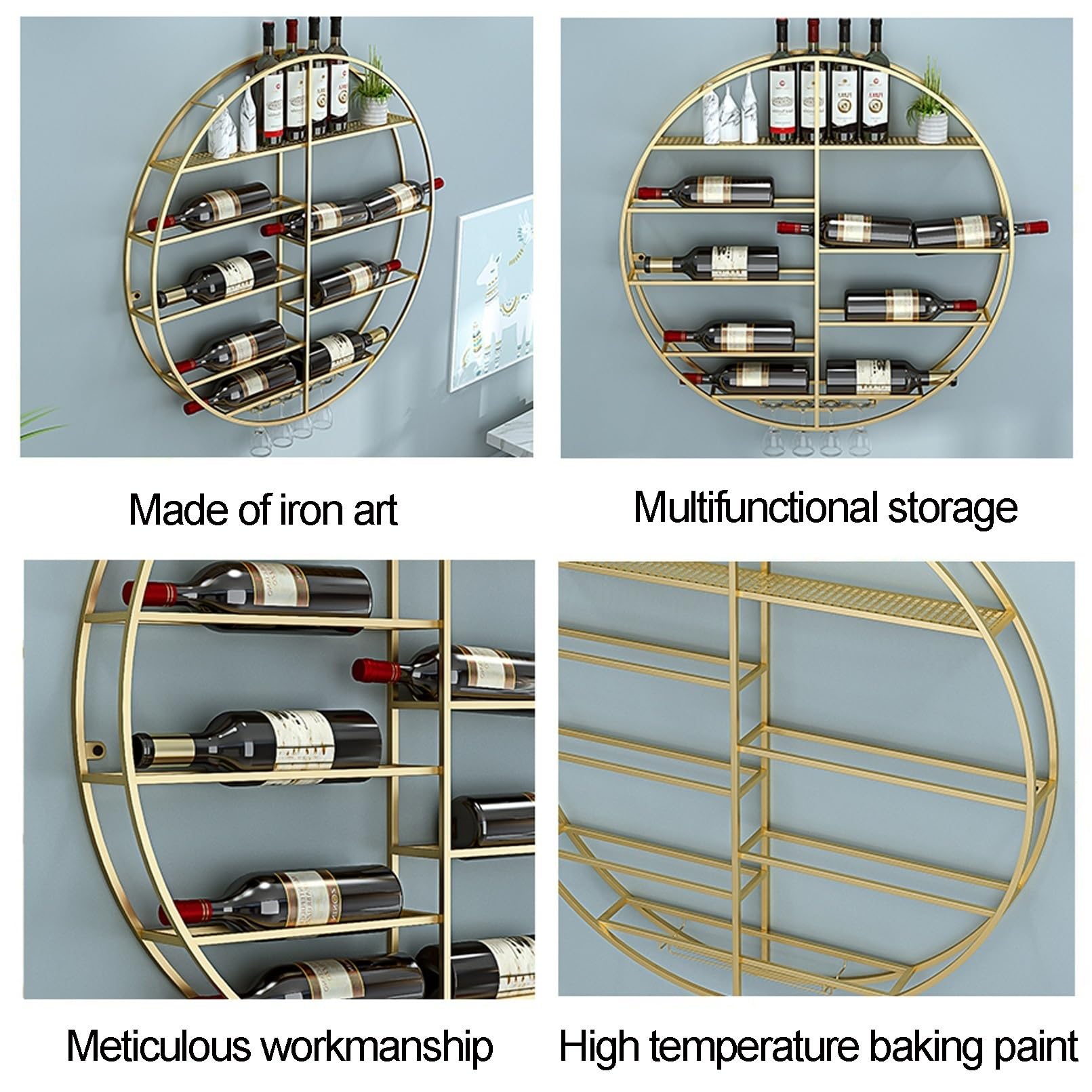 TELCIM Botellero Pared, Enfriador De Vino Montado En La Pared, Soporte para Botellas De Vino En La Pared En Metal, Estante Multifuncional Champán De Hierro, para Cocina, Bar, Comedor, HabitacióN