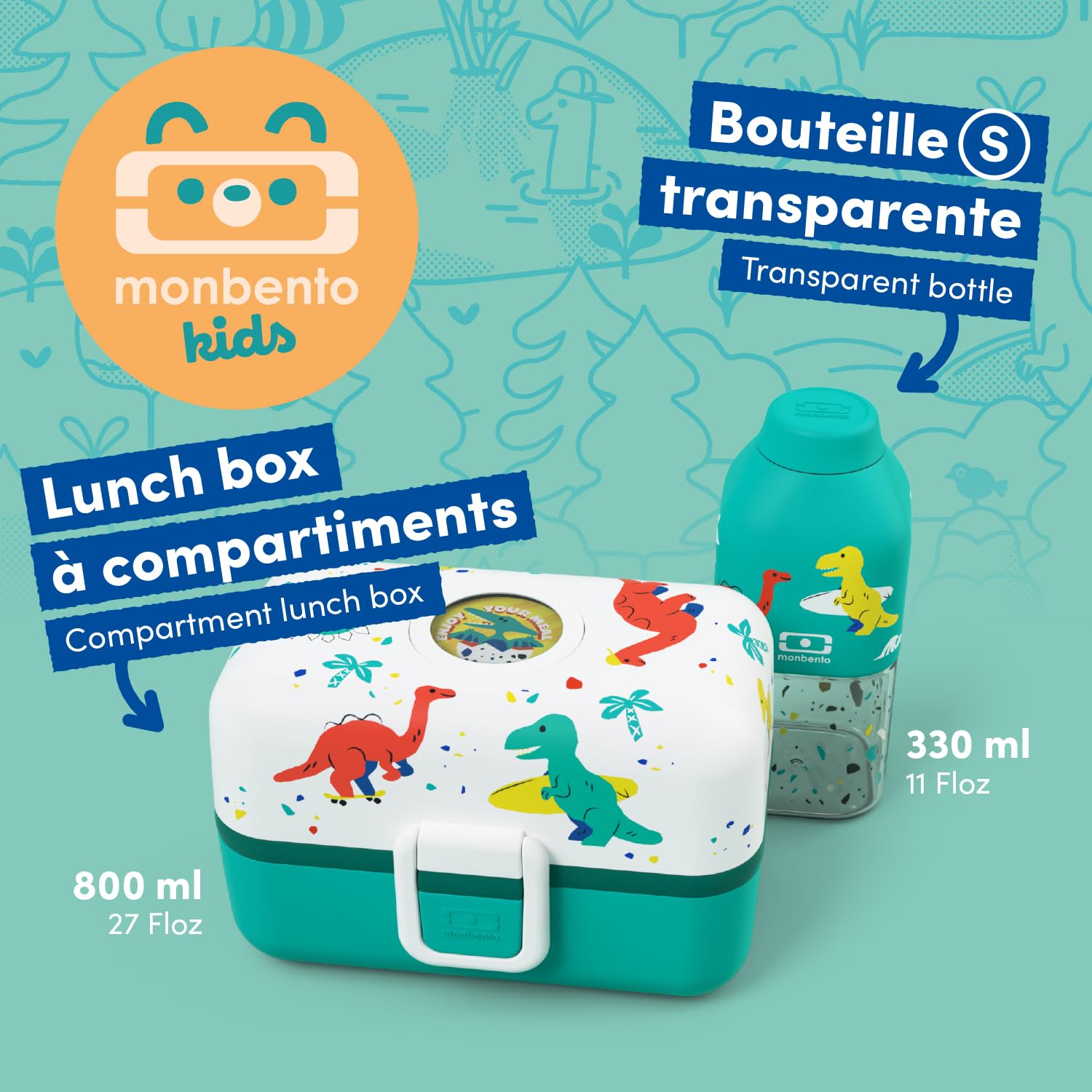 Monbento - Coffret Cadeau Enfant Tresor bleu Dino - Lunch Box Personnalisable 800 ml et Mini Gourde 330 ml Positive S - Idée Cadeau Parfaite pour Noël, Anniversaire - Dinosaures