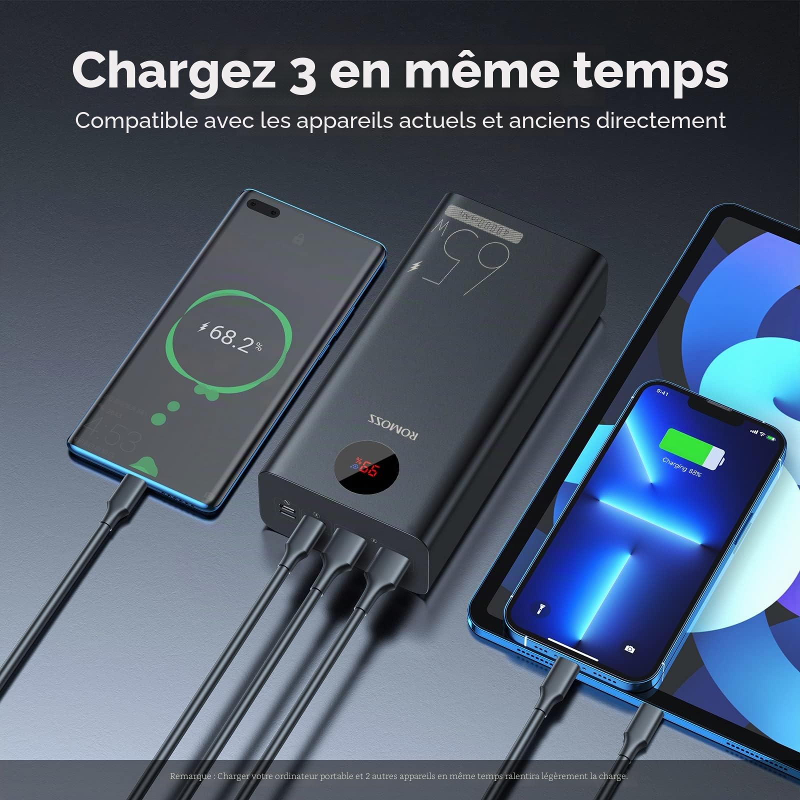 ROMOSS PEA40 Pro 40000mAh Batterie Externe pour Portable, Supporte Une Charge Rapide 65W, Batterie Externe d'enorme capacite 148 Wh, Ecran numerique LED, pour Portables, Smartphones et tablettes