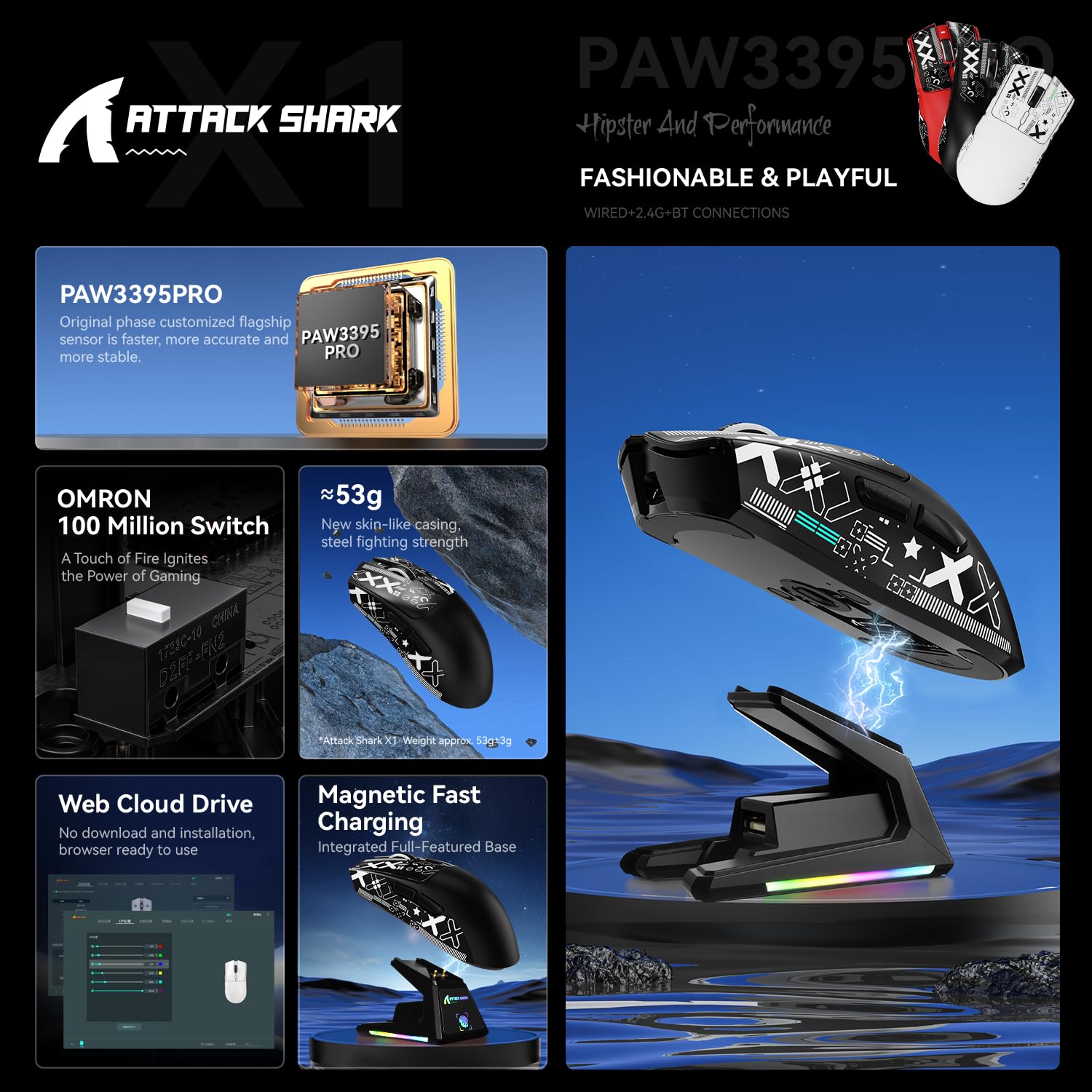 ATTACK SHARK X1 Gaming Mouse with Touchpad RGB Charging Dock, PixArt PAW3395PRO Gaming Sensor, BT/2.4G Wireless/Wired Gaming Mouse with Grip Tape, 40000 DPI, 53g Superlight Gamer Mice (Black)
