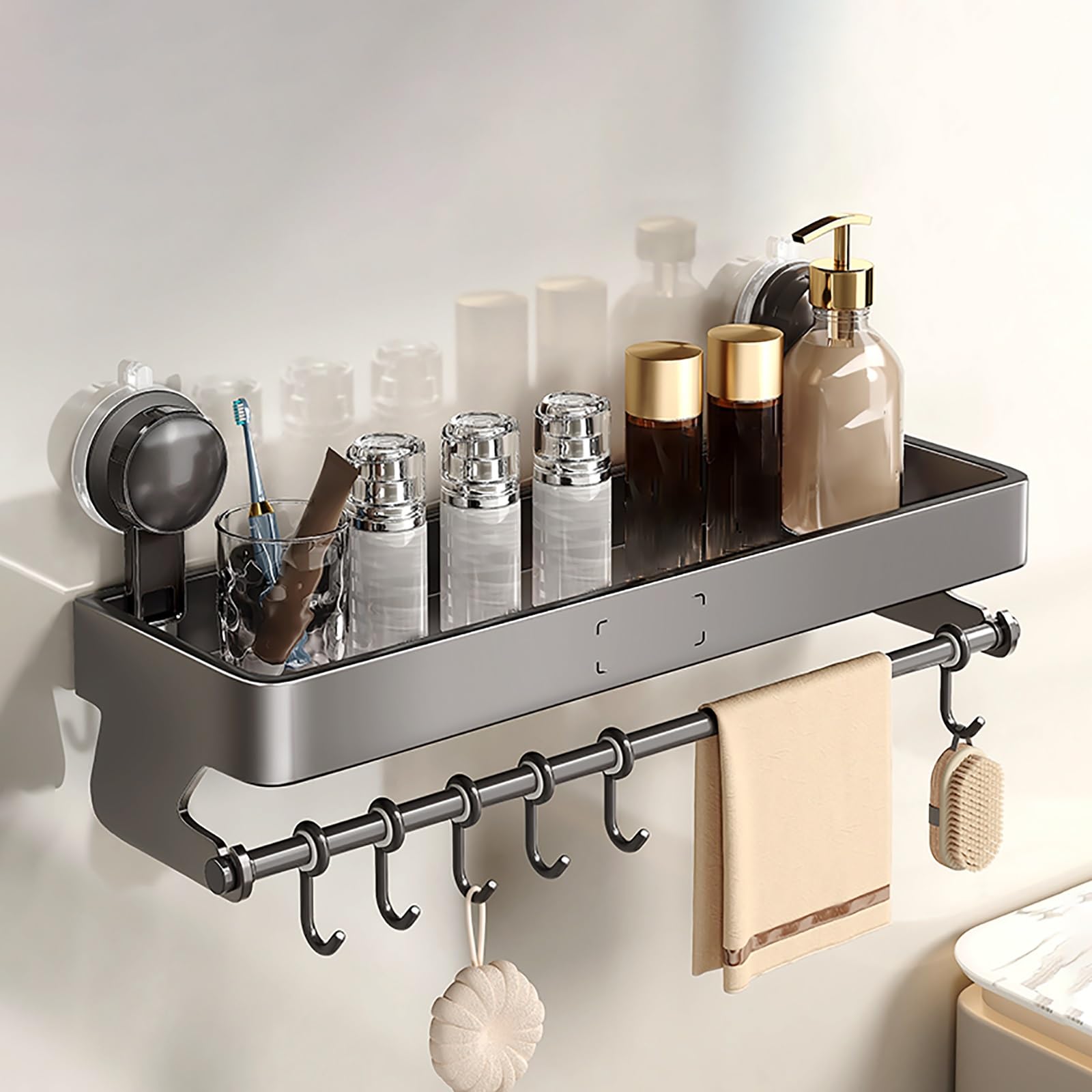HTLTGBAM Vacuum Shower Caddy Suction Cup Wall Mounted Bathroom Organizer with Rod and Hooks Large Capacity 60cm 23