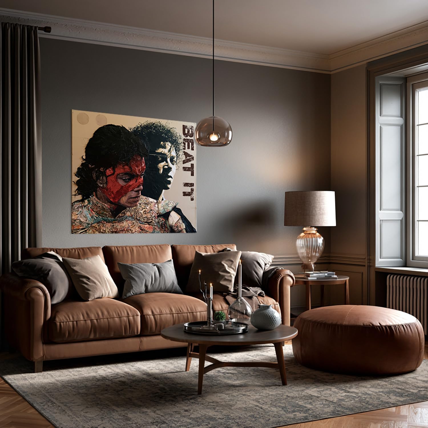Michael Pop Art Impression sur toile « Beat It » - Musique moderne - Style street art et pastel - Poster cool King of Pop avec masque rouge - Décoration pour salon, salle de musique et studio - 80 x