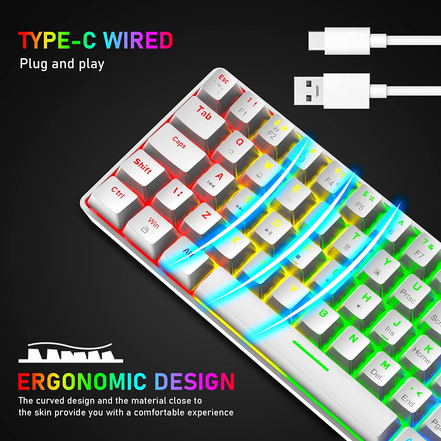 T60 Juego de Teclado y Mouse Con Cable, Teclado Mecánico 60% Compacto 62 Teclas, 19 Luces LED Arcoíris, UK Layout + Ratón para Juegos PS4 de 6400 DPI + Mouse Pad para PC, Mac - Interruptor Rojo/Blanca