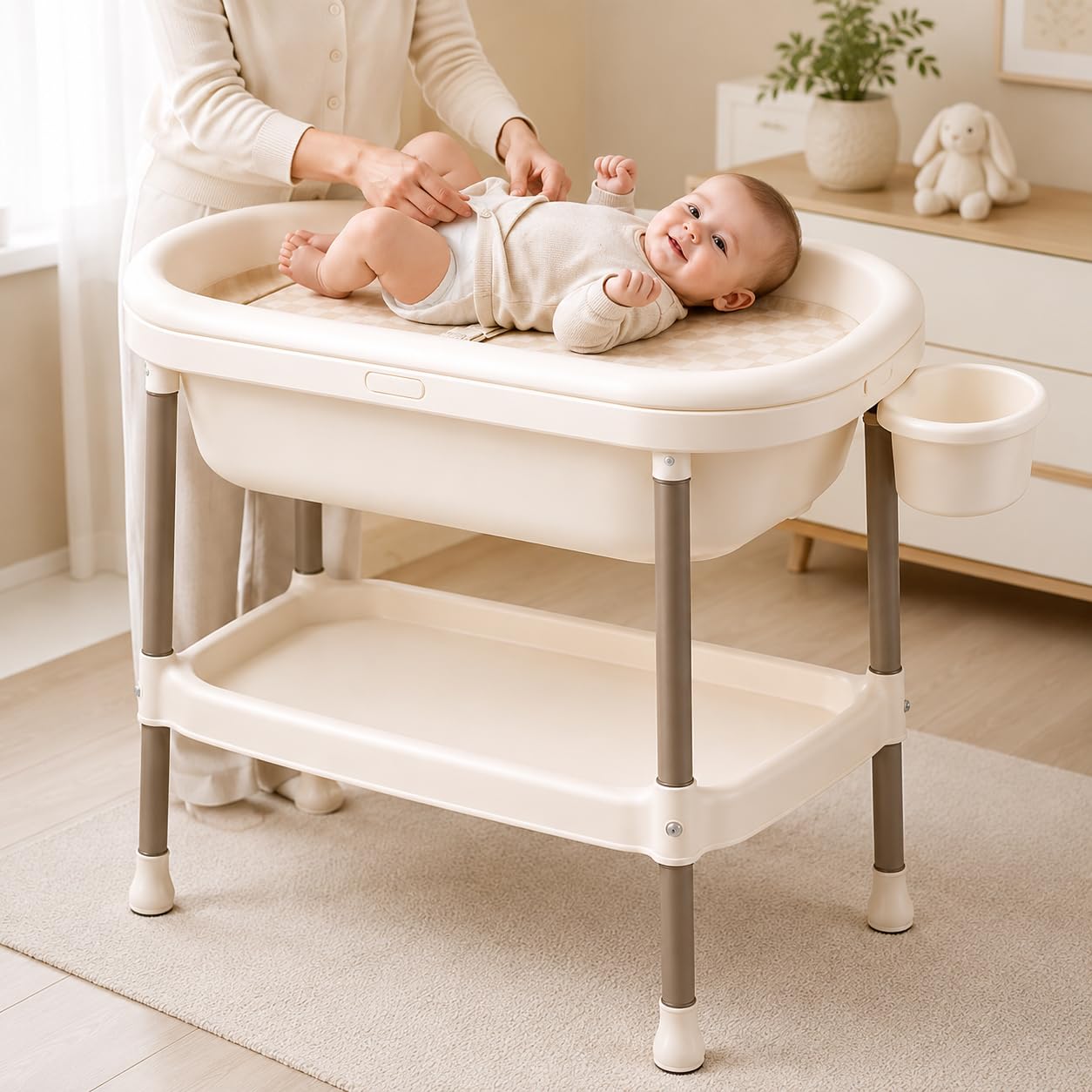 Table à Langer avec Baignoire Bébé 3 en 1, Hauteur Réglable, Thermomètre Digital Intégré, Station de Change Pliable avec Rangement, Tuyau de Vidange, Charge Max 25kg, 0-36 Mois