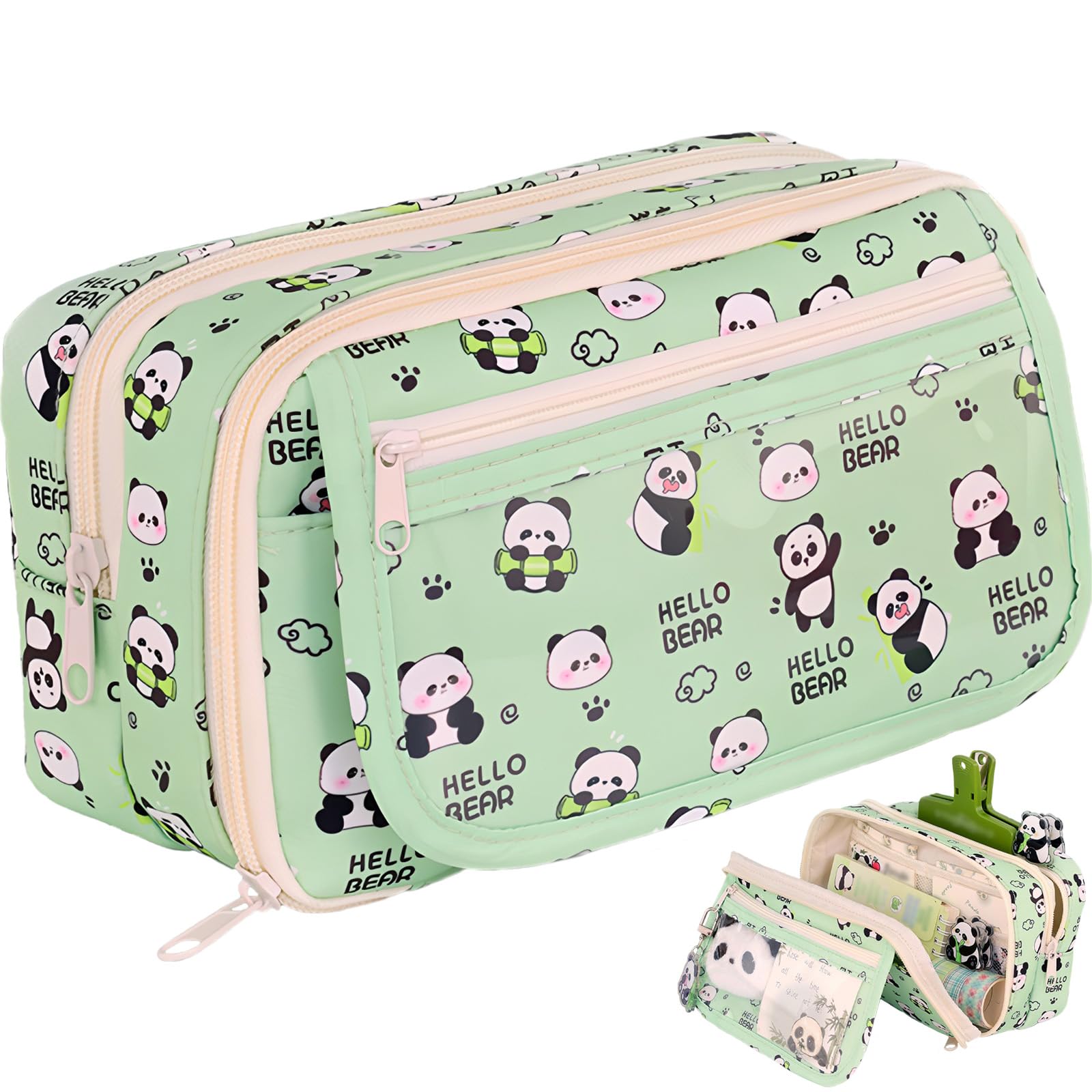 JYJLLM Panda Desk Organizer Pencil Case - Large Capacity Green Stationery Bag for Office, Work & Travel, Premium Fabric Pen Holder for Adults & Collectors (12.5x8.5x21.5cm)