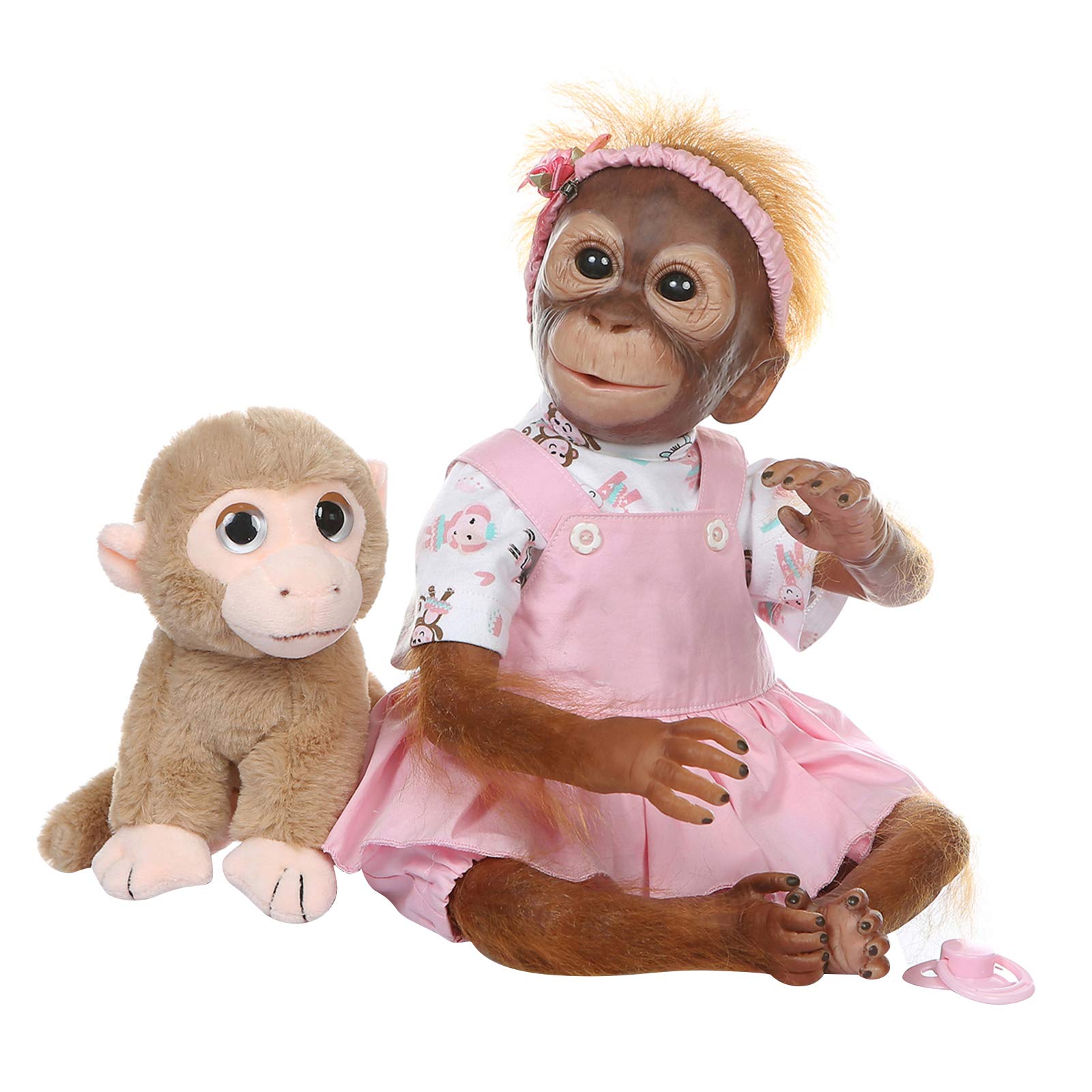 Monkey Doll,Fadawe 21 inch Realistic Baby Monkey Doll Lifelike Reborn Baby Monkey Handmade Detailed Painting Art Dolls with Pink Dress