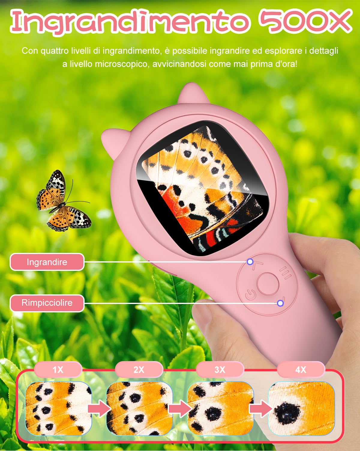 Microscopio per bambini, Vankarr microscopio portatile 500X con schermo IPS 2,0", giocattolo educativo per microcosmo, appassionati di scienza, compleanno, Natale, Rosa