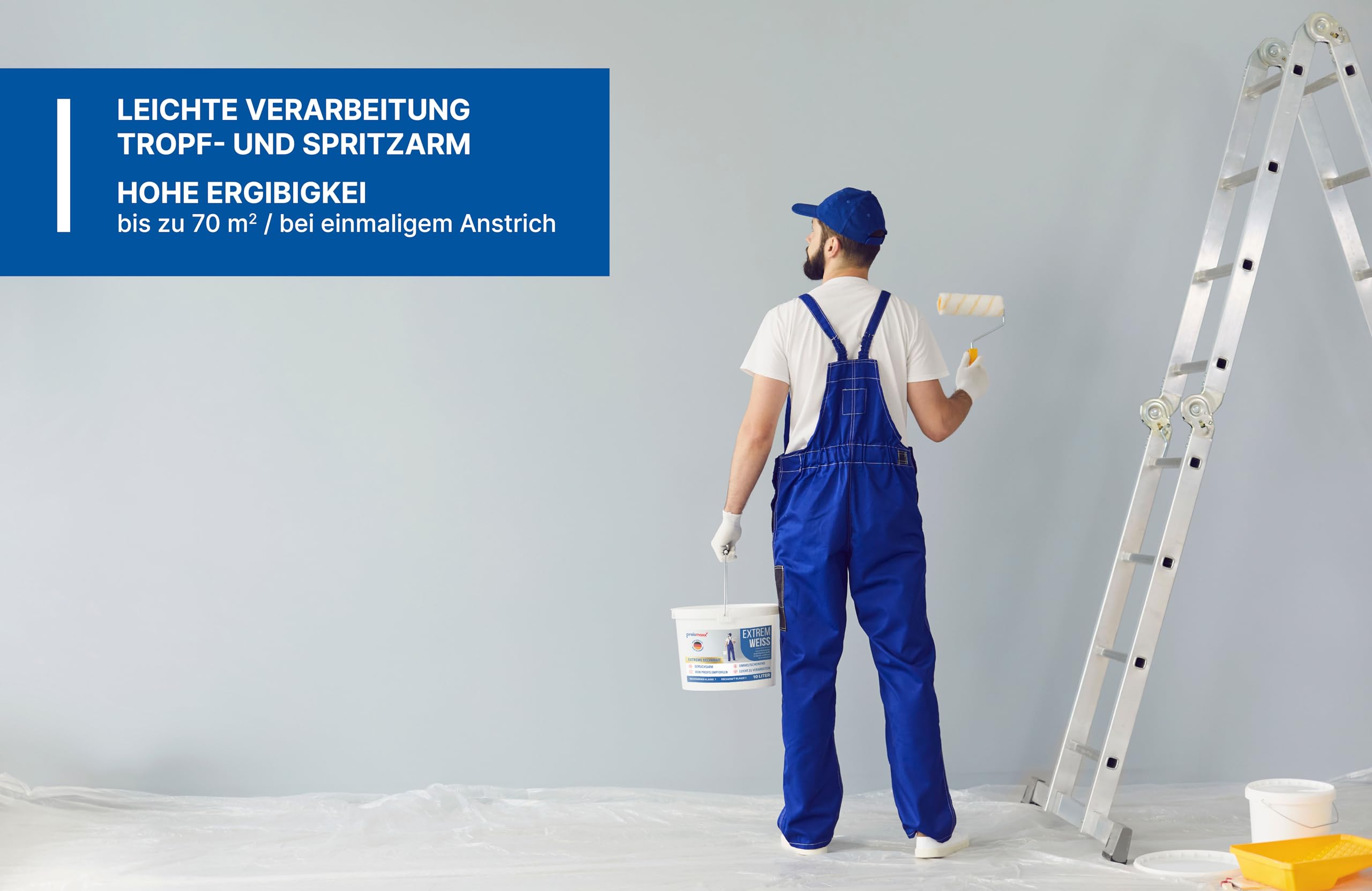 Preismaxx Wandfarbe Weiß innen Extrem Innenfarbe matt hochdeckend 10l | Für Wände, Decken, Putz, Tapete & Altanstriche, hohe Deckkraft, geruchsarm, tropfgehemmt, Renovierung & Neuanstrich