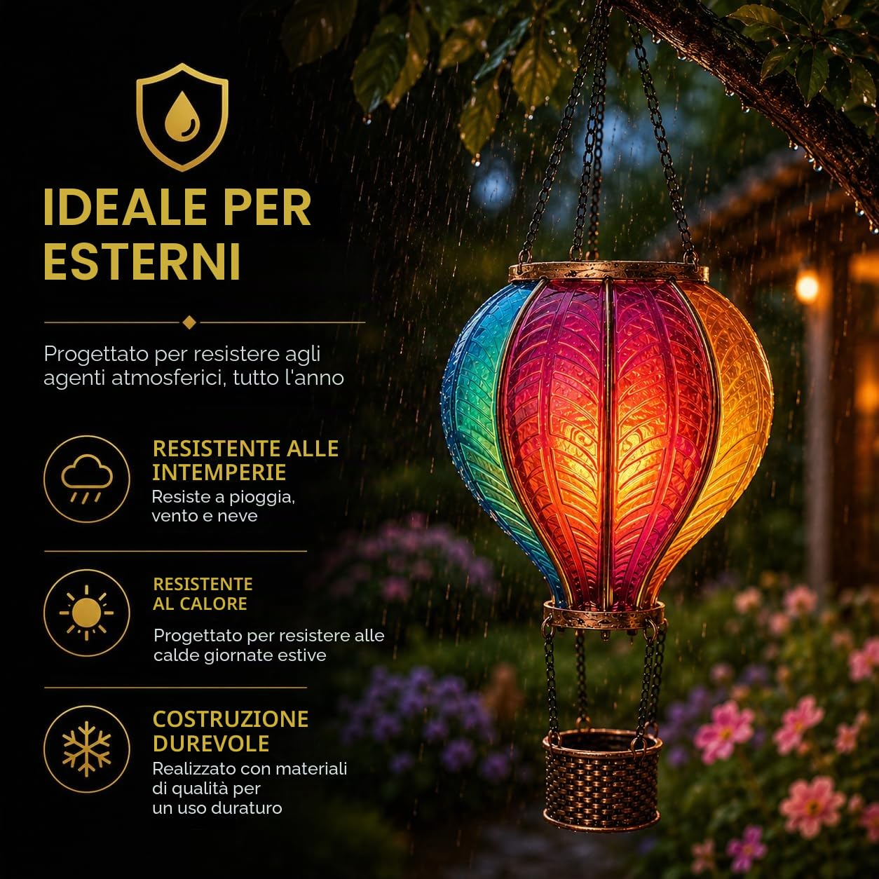 Festive Lights 44 cm, palloncino ad aria calda, lampada solare per esterni, mongolfiera, effetto vetro, lanterna a energia solare, lampada da giardino colorata per esterni