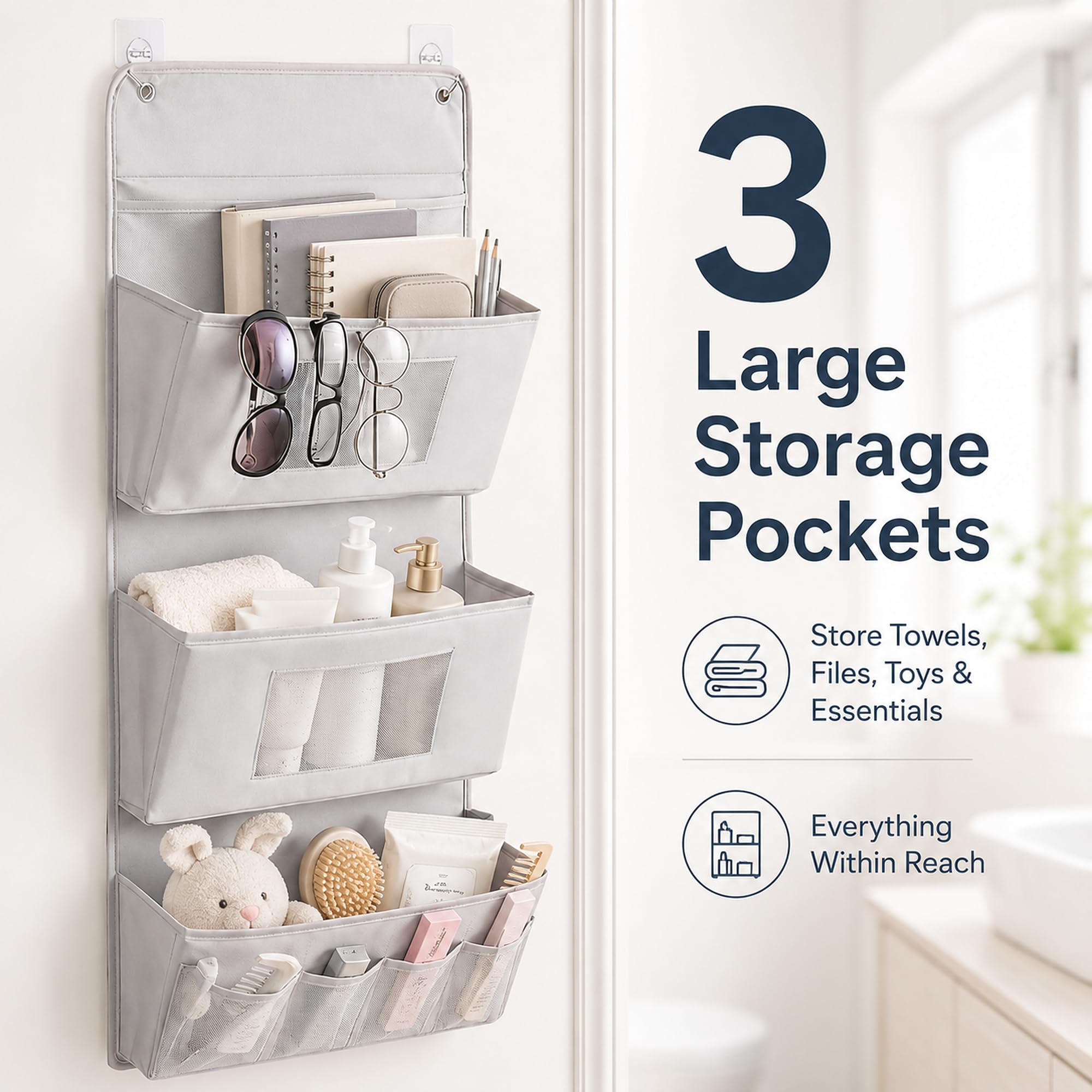 Organizer da appendere a 3 strati, 40 x 90 cm, organizer per porta senza fori, per bagno e guardaroba, organizer da parete pieghevole in tessuto Oxford con 3 tasche, 2 ganci, portaoggetti