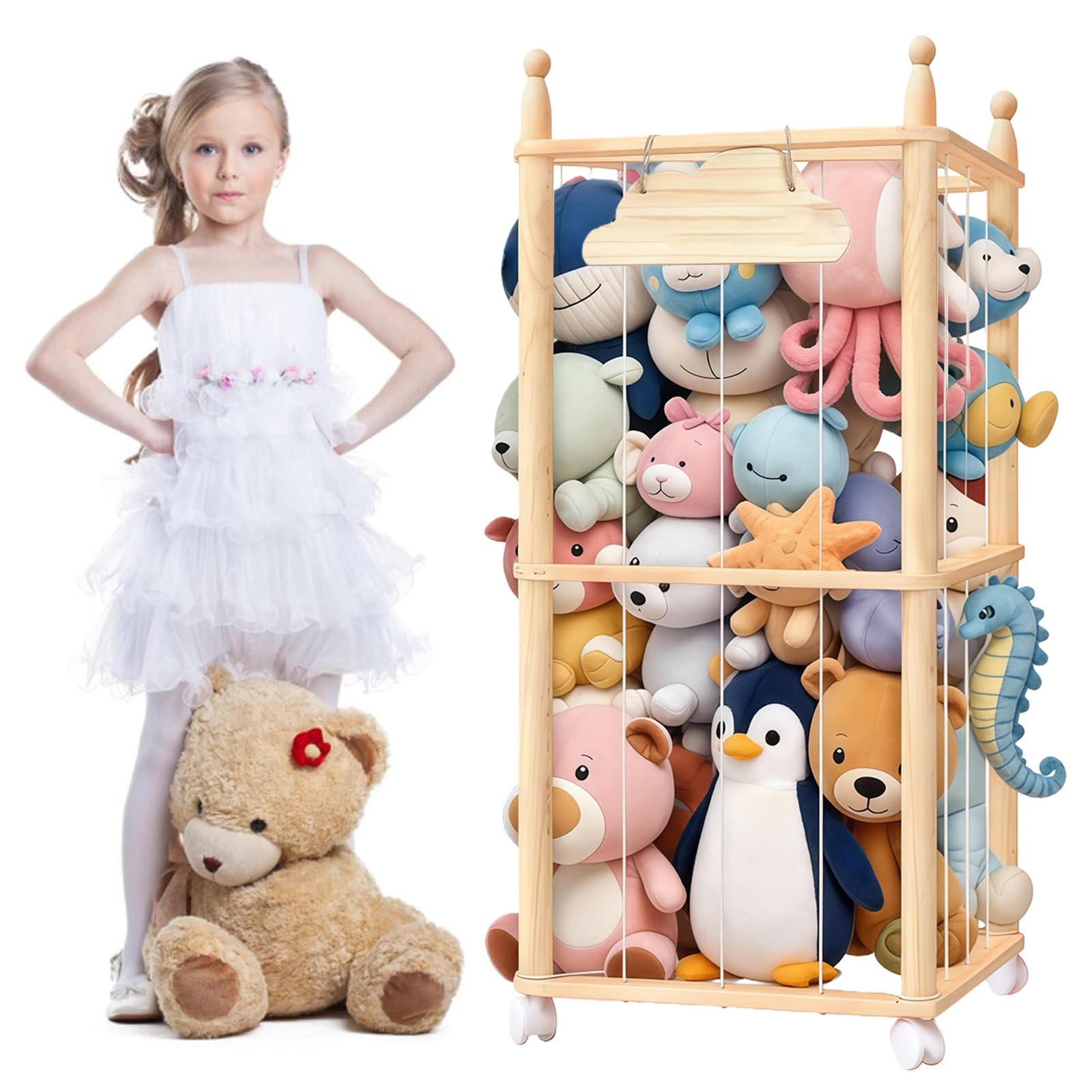 Rangement en Bois pour Peluches, avec roulettes à 360 °, Rangement pour Peluches, pour Salle de Jeux, Chambre à Coucher, Chambre d'enfant