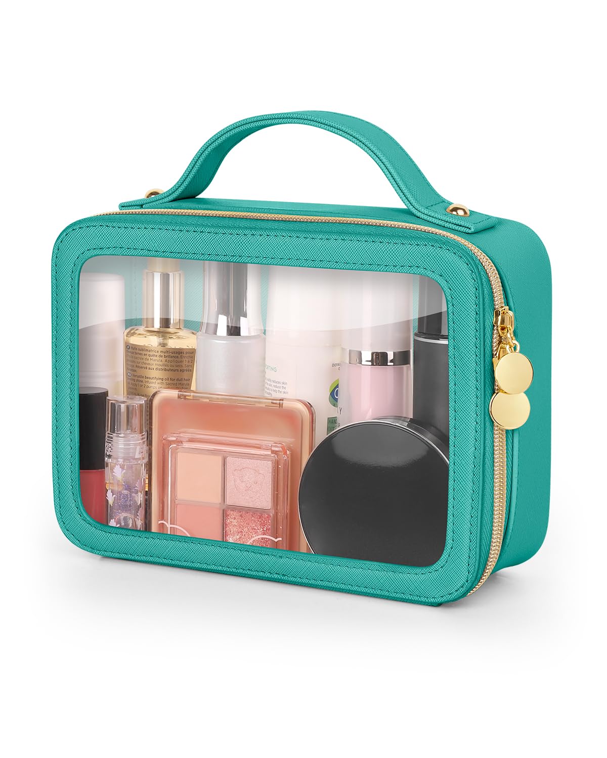 Soimeat Bolsa de maquillaje transparente, bolsas de cosméticos de viaje portátiles, bolsa de aseo multiusos de cuero con cremallera, organizador de cosméticos transparente impermeable para mujeres,