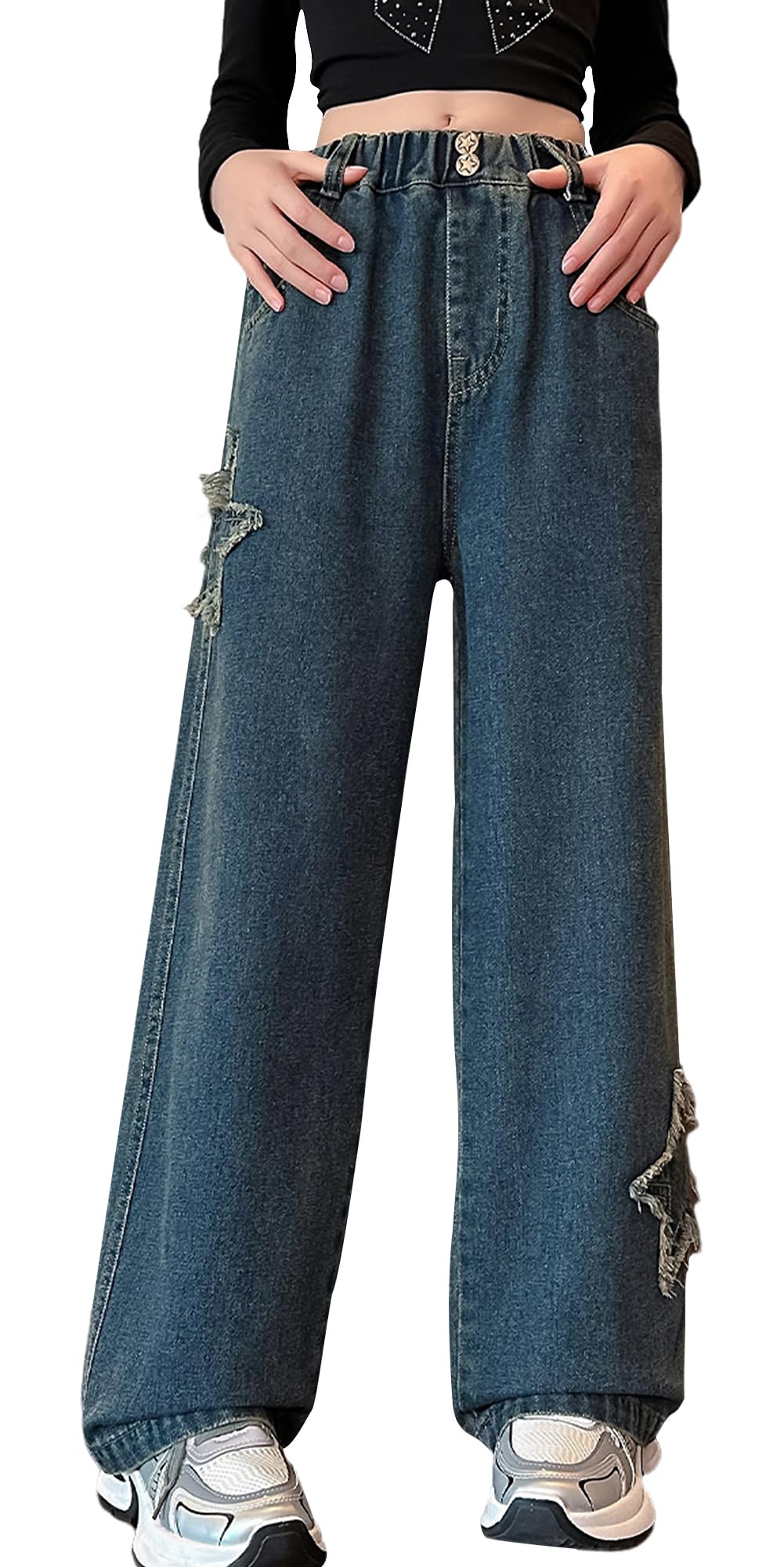SEAUR Wide Leg Jeans for Girls Kids Baggy Jeans Y2K Elastic Waist Pants Casual Loose Denim Pants with Pockets Comfy Trousers