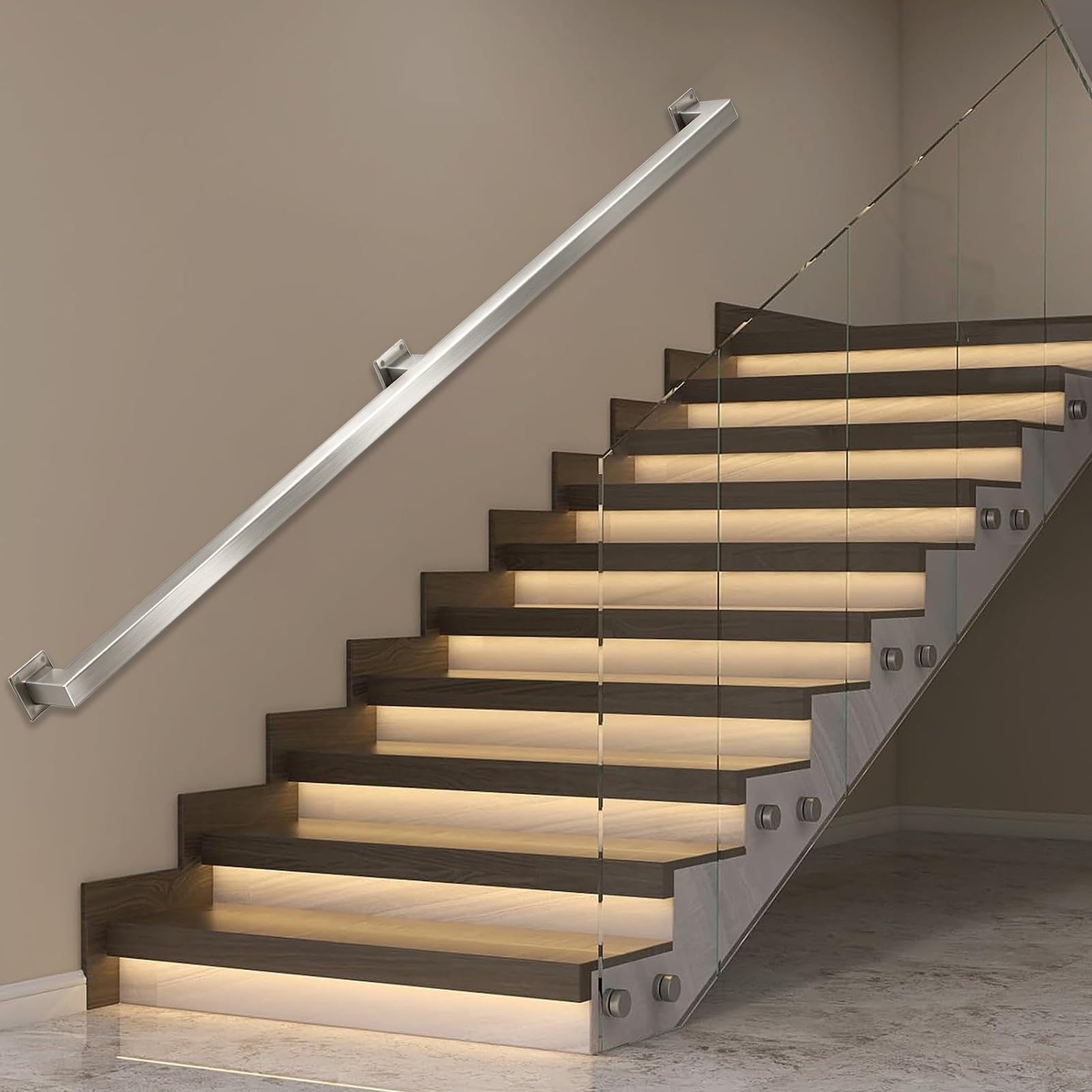 Drsyffsup Metal Staircase Handrails, Home Against The Wall Indoor Loft Elderly Railings Hand Rail Corridor Support Rod, Stainless Steel Stair Baluster, Complete Kit(15ft/4.5m)
