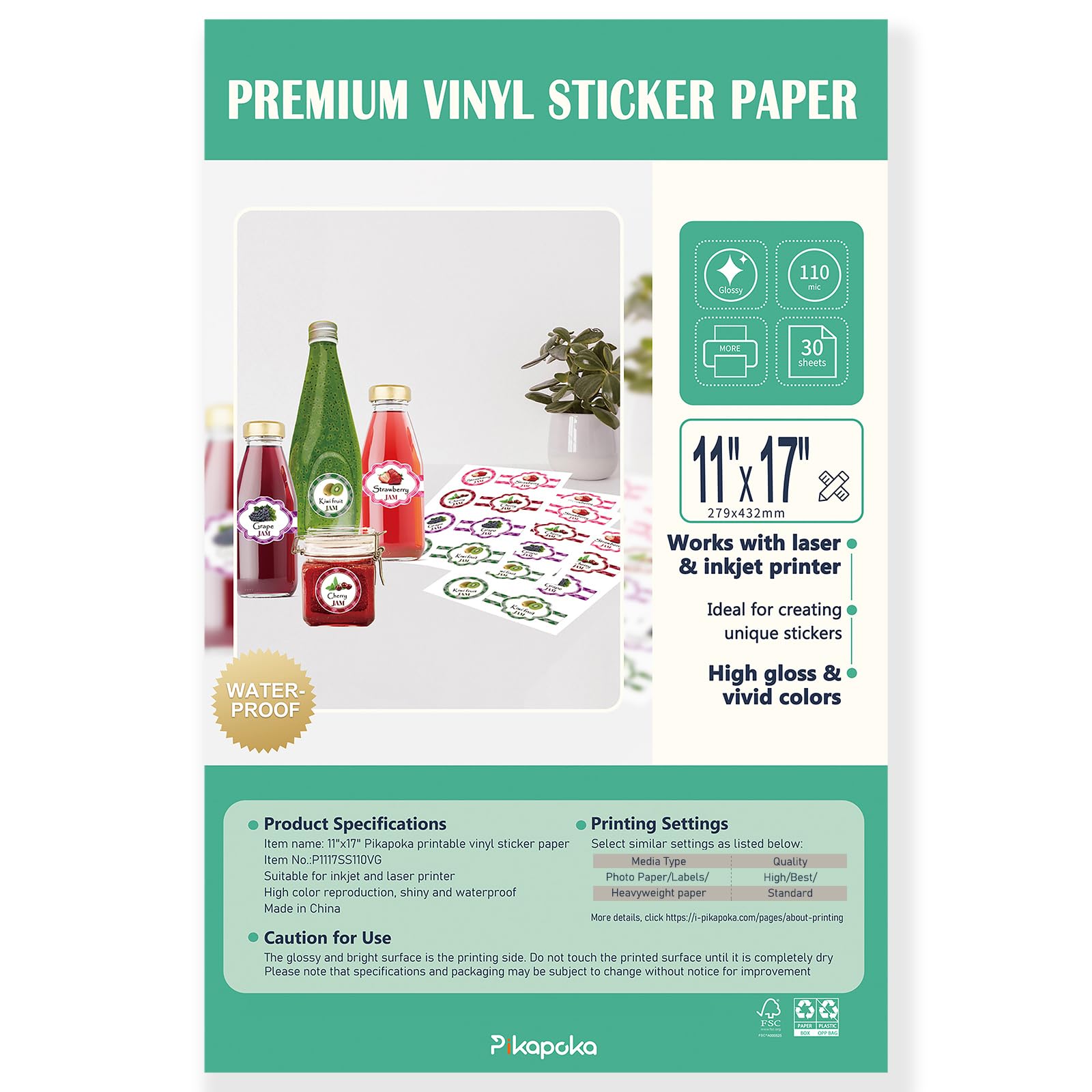 Pikapoka 11x17 Removable Self-adhesive Vinyl Sticker Paper, 30 Pack, Waterproof, Suitable for Laser and Inkjet Printer, Glossy (P1117SS110VG)