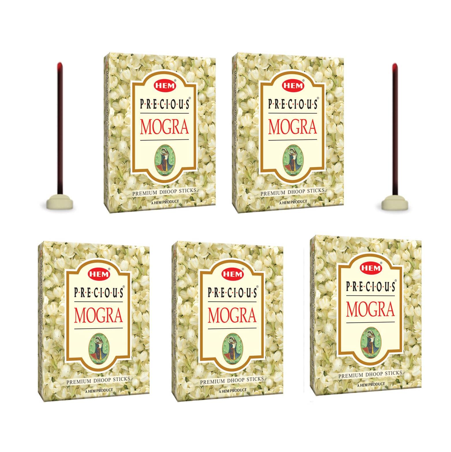 HEM Precious Mogra Dhoop Sticks | Bambooless & Charcoal-Free | Soothing Aroma for Puja, Meditation & Relaxation | Burns 35-40 Min | Long-Lasting & Natural | Pack of 5 (60g Each) | Approx. 100 Sticks
