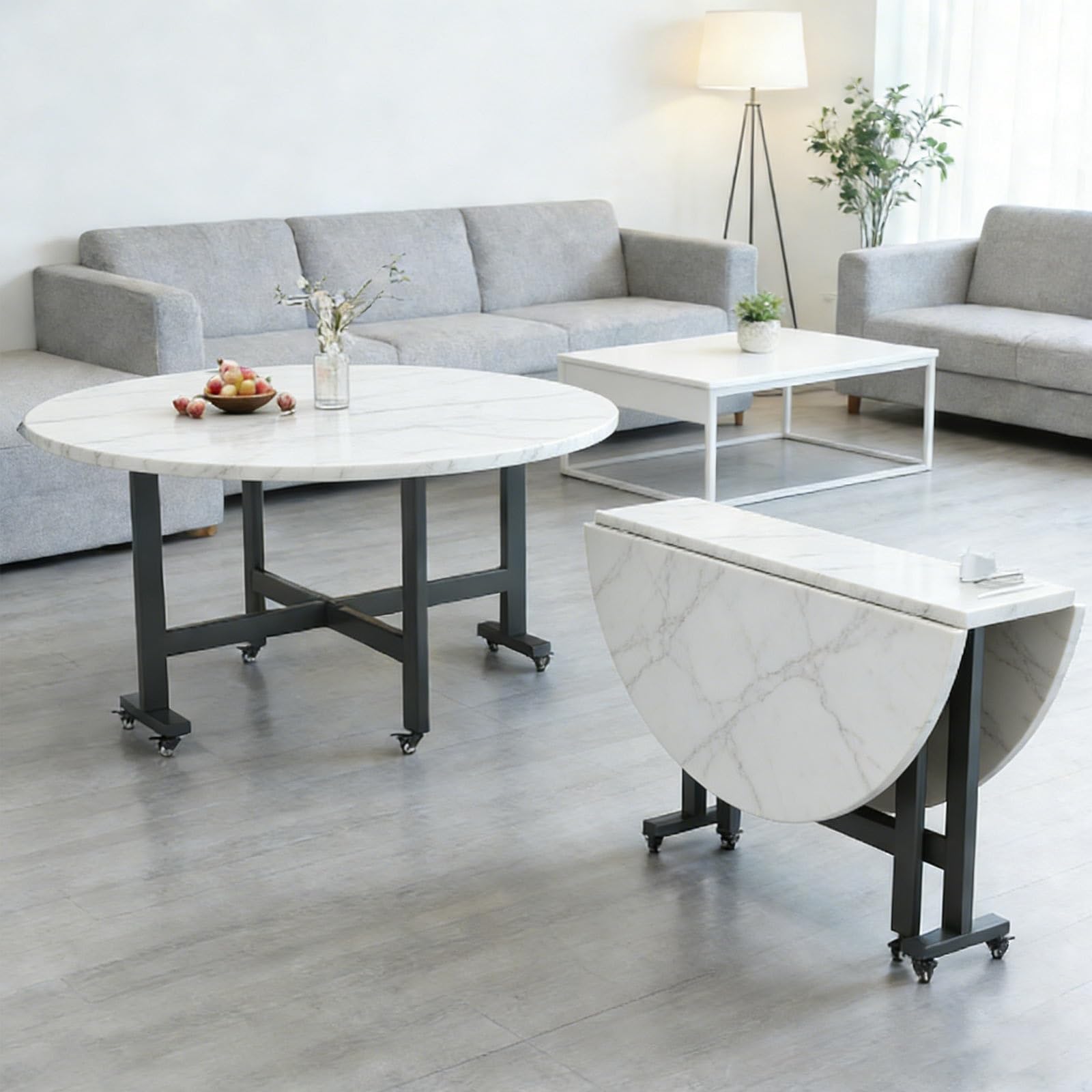 Home Use Folding Dining Table Versatile Movable Round Portability Fold Down Desk With 6 Wheels Collapsible Extendable Tables Simple Restaurant Drop-Leaf Kitchen Table 1Pc(White Marble,55in)