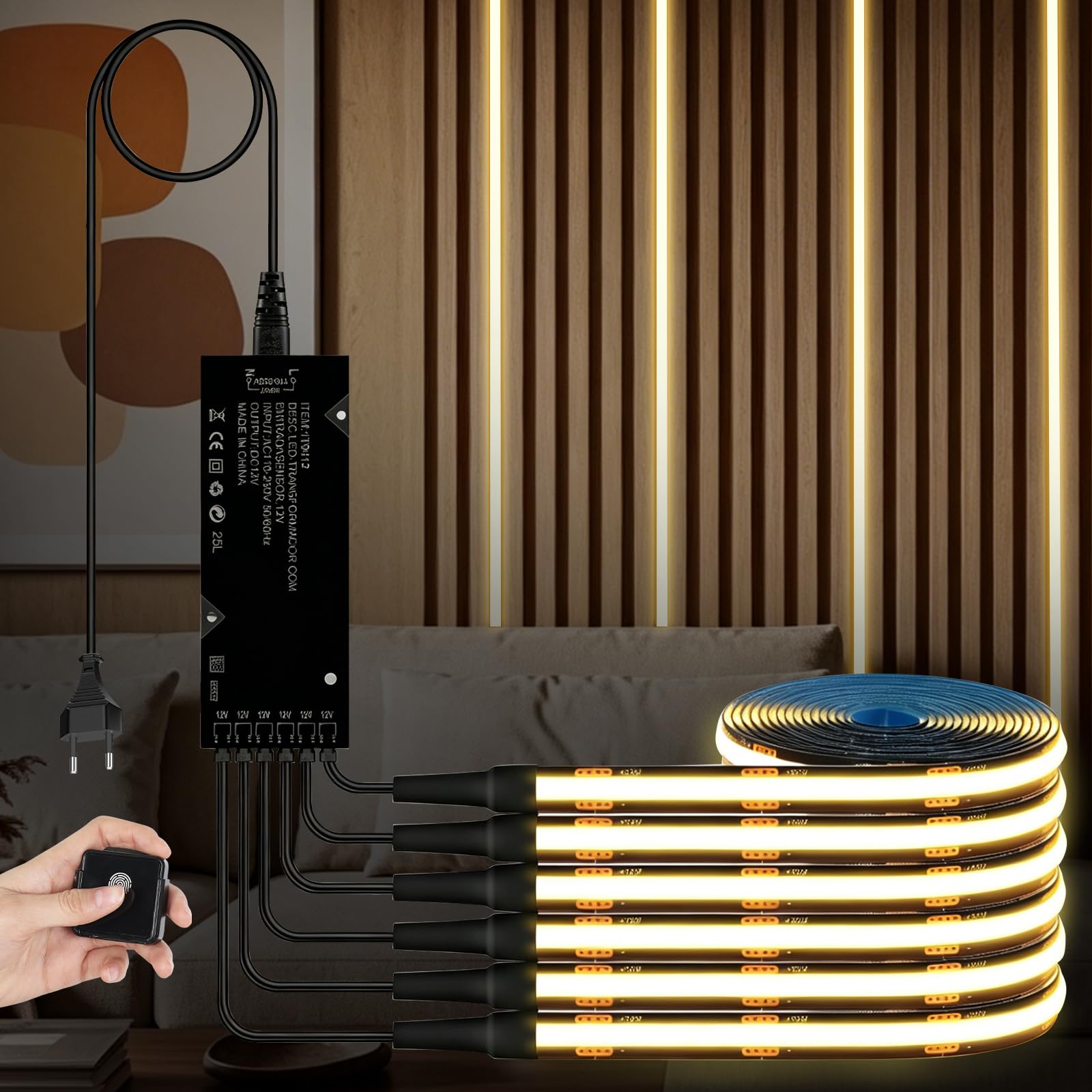 Tira de luces LED COB de 12 V, 6 x 1 m, blanco cálido, 3000 K, regulable, con interruptor táctil, para paneles acústicos, armarios, vitrinas, cocina, vitrina, vitrina, iluminación de