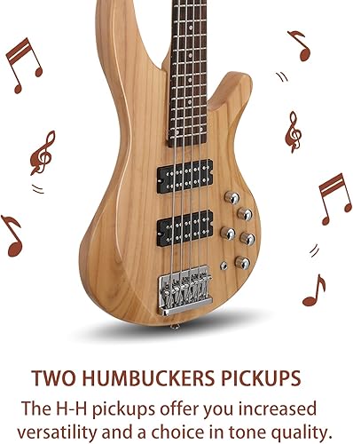 Miniatura 4 de Ktaxon Bajo eléctrico de 5 cuerdas, tamaño completo, estándar para diestros y diestros, juego de bajo diapasón de palisandro con bolsa de concierto,