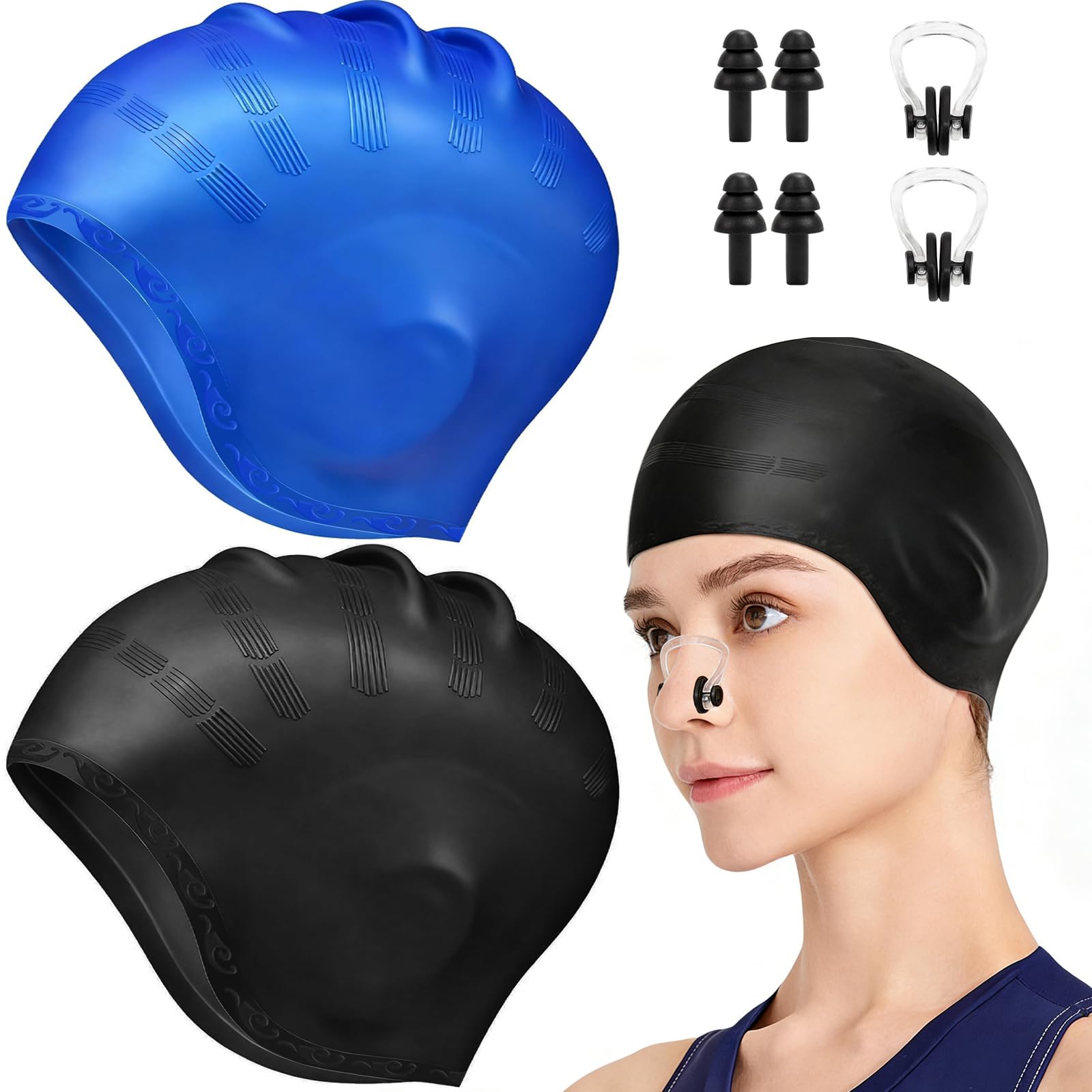 NICEWAT 2 Pcs Waterproof Swimming Cap Women, Silicone Swimming Hat with 3D Ear Protection, Swim Cap for Long & Short Hair, Elastic Anti-Slip Swim Hat for Adult & Youth