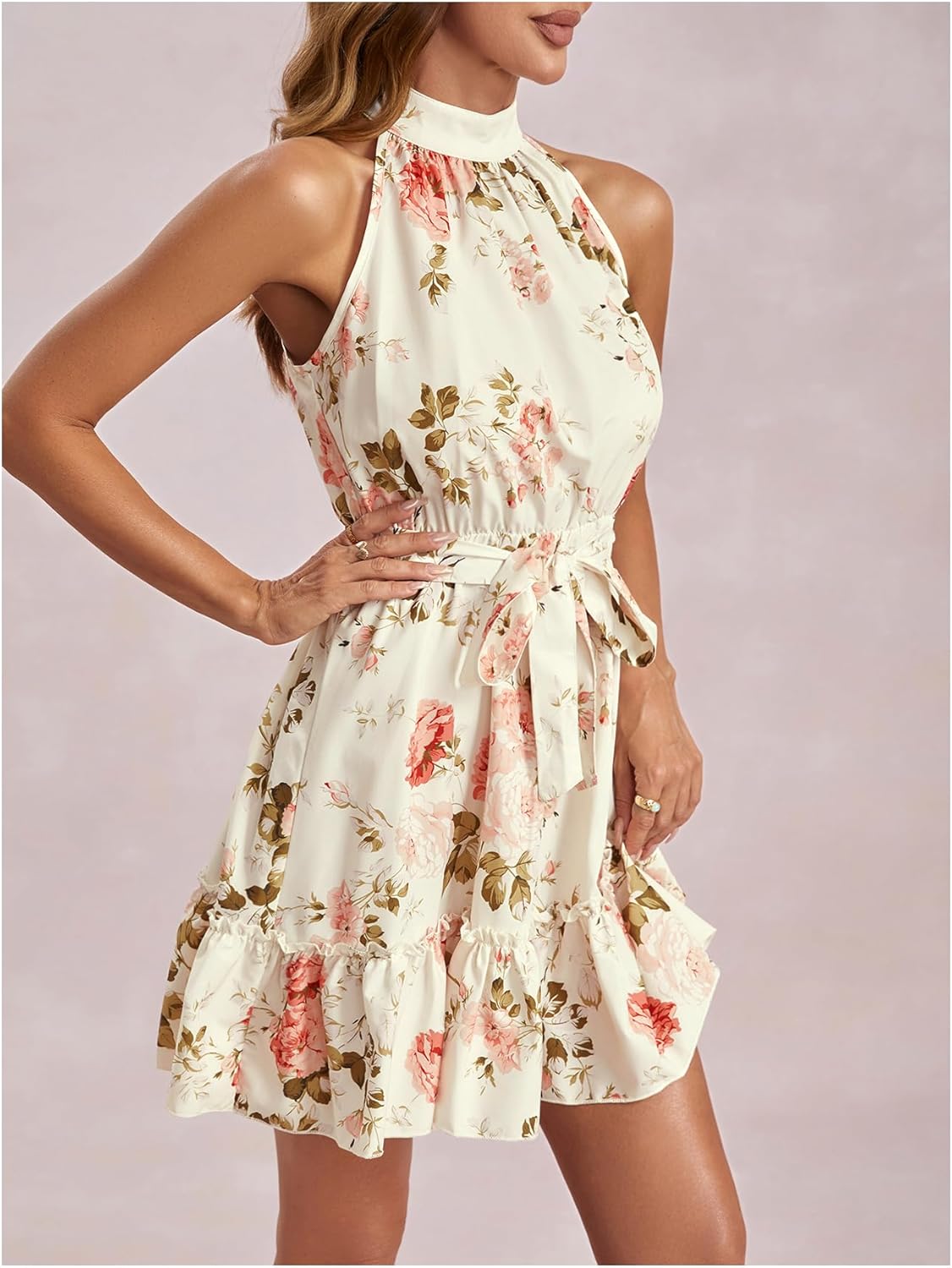 Floerns Women's Floral Ruffle Hem A Line Dress Halter Sleeveless Belted Short Dresses - Image 3