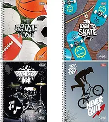 Kit com 4 Cadernos de 1 Matéria, Tilibra, Capa Dura, Vibe Masculino, 80 Folhas, Capas Sortidas