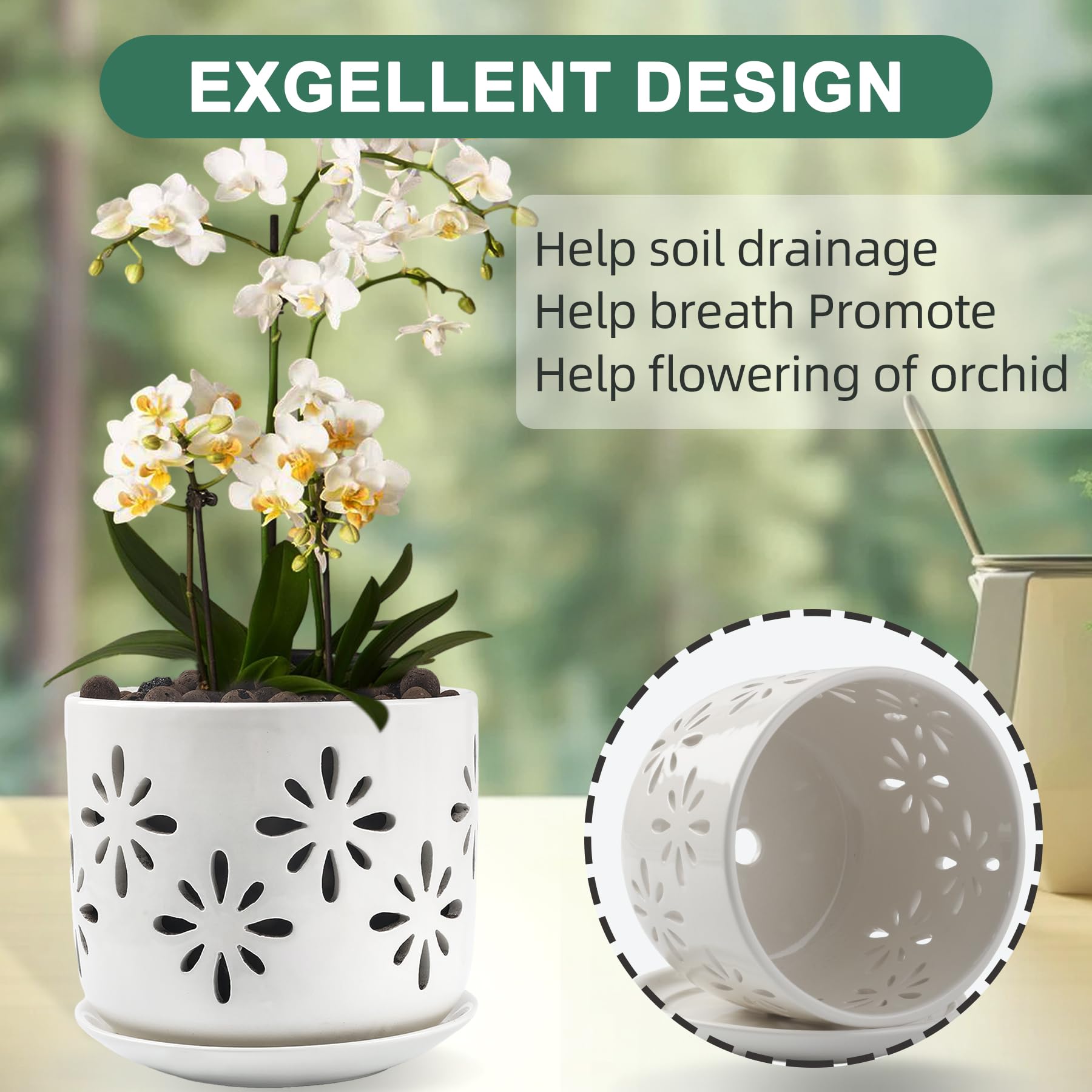 LITUDISO Orchid Pots with Holes, 5+6 Inch Orchid Pots with Drainage Holes and Tray, Effective Drainage and Ventilation to Assist New Plants or Repotting, Indoor/Outdoor Flower Pots -White