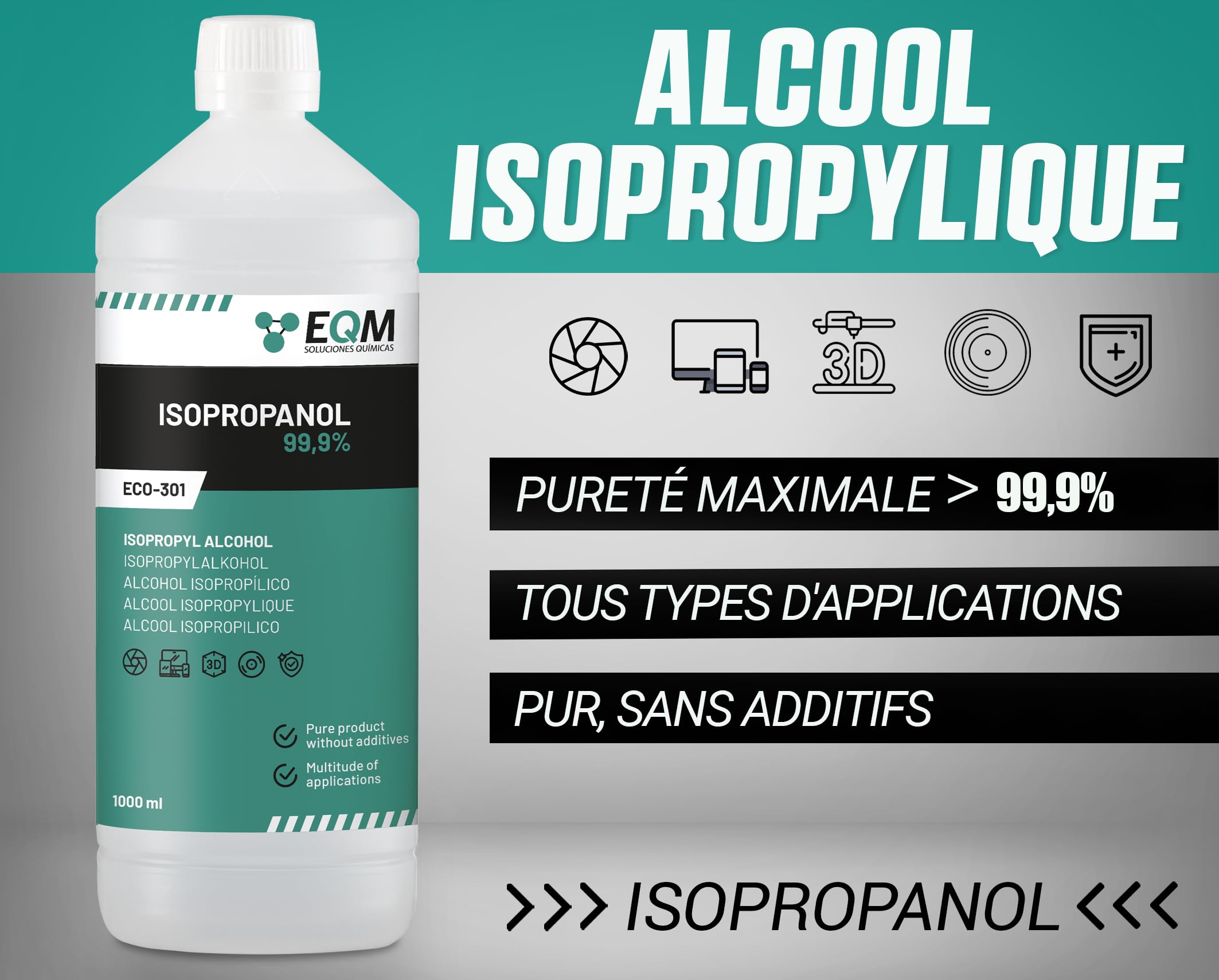 EQM - ECO-301 - Alcool Isopropylique Pur à 99,9% - 3x1L - Nettoyage de composants électroniques, objectifs et écrans - Nettoyage des résines d'impression 3D