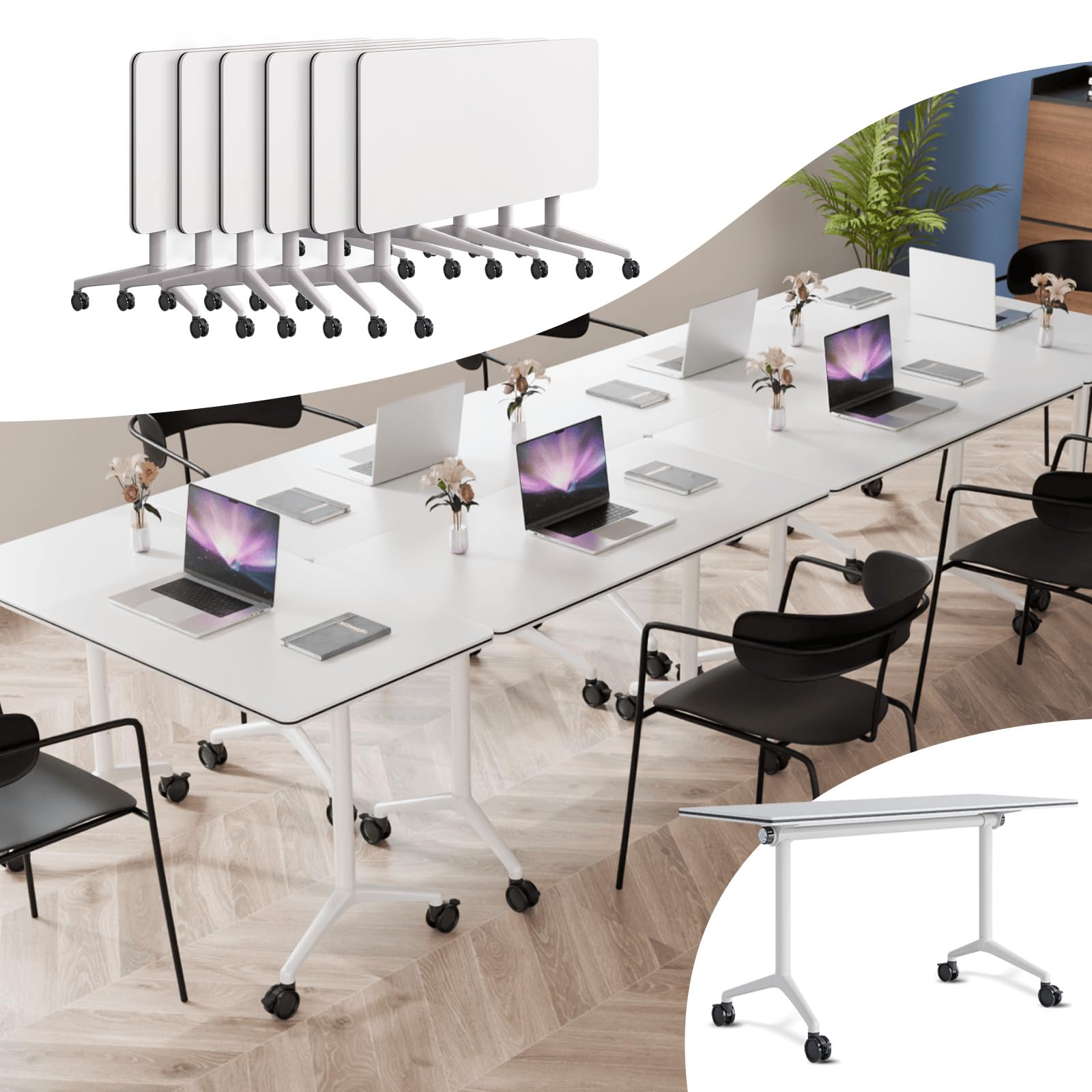 Goakwwuz Conference Table White Flip Top Mobile Training Table with Silent Wheels, Splicing and Folding Office Table for Offices Conference Seminar