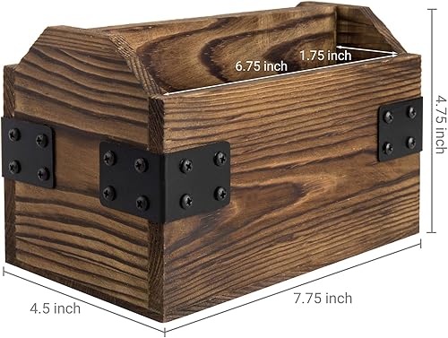 Miniatura 4 de MyGift Organizador rústico de madera quemada para TV, organizador de almacenamiento para mesa con 2 compartimentos y detalles decorativos de metal