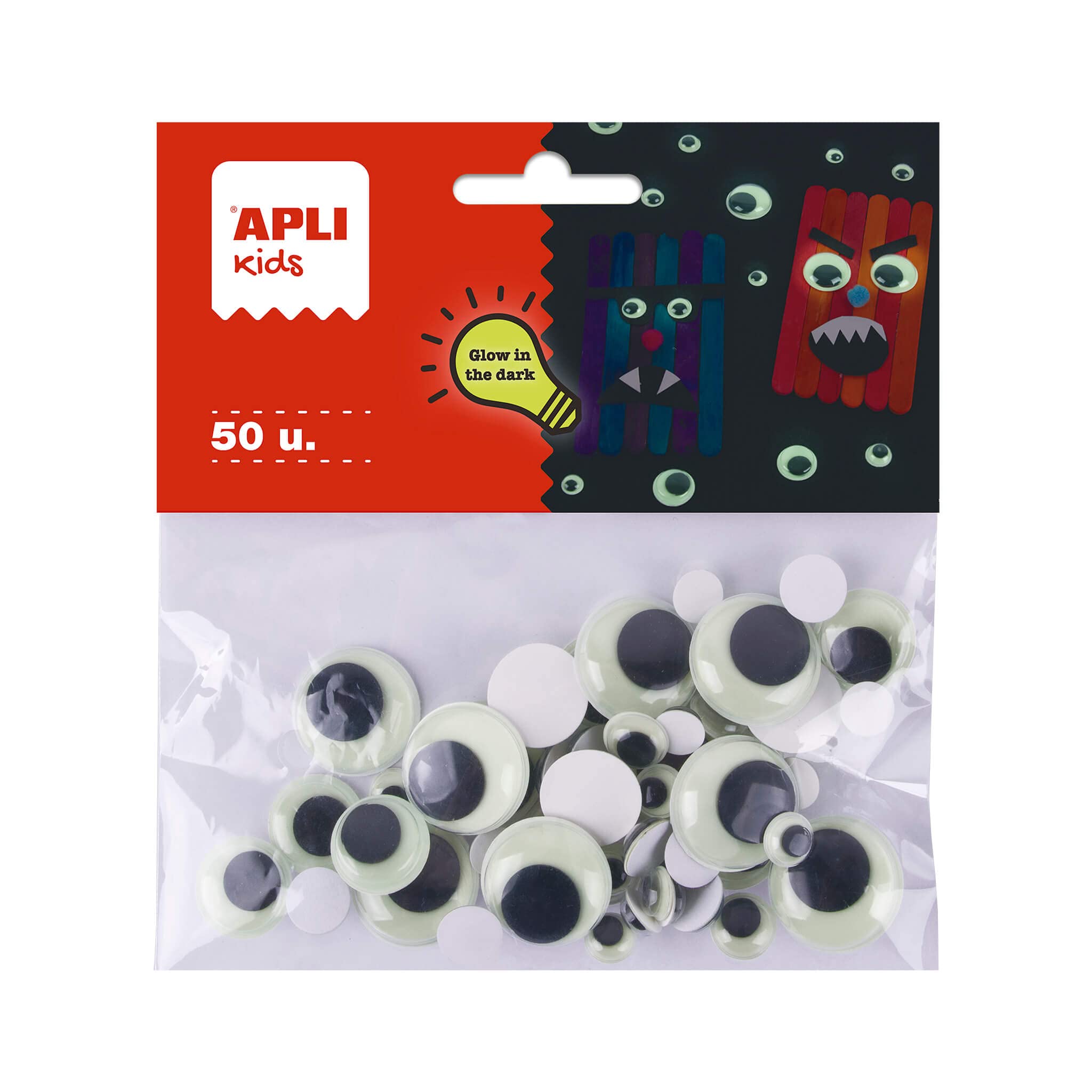 APLI Kids 19368 50 Moving Eyes Round Self Adhesive Glow in The Dark Craft Material Glow in The Dark DIY Eyes Fluorescent