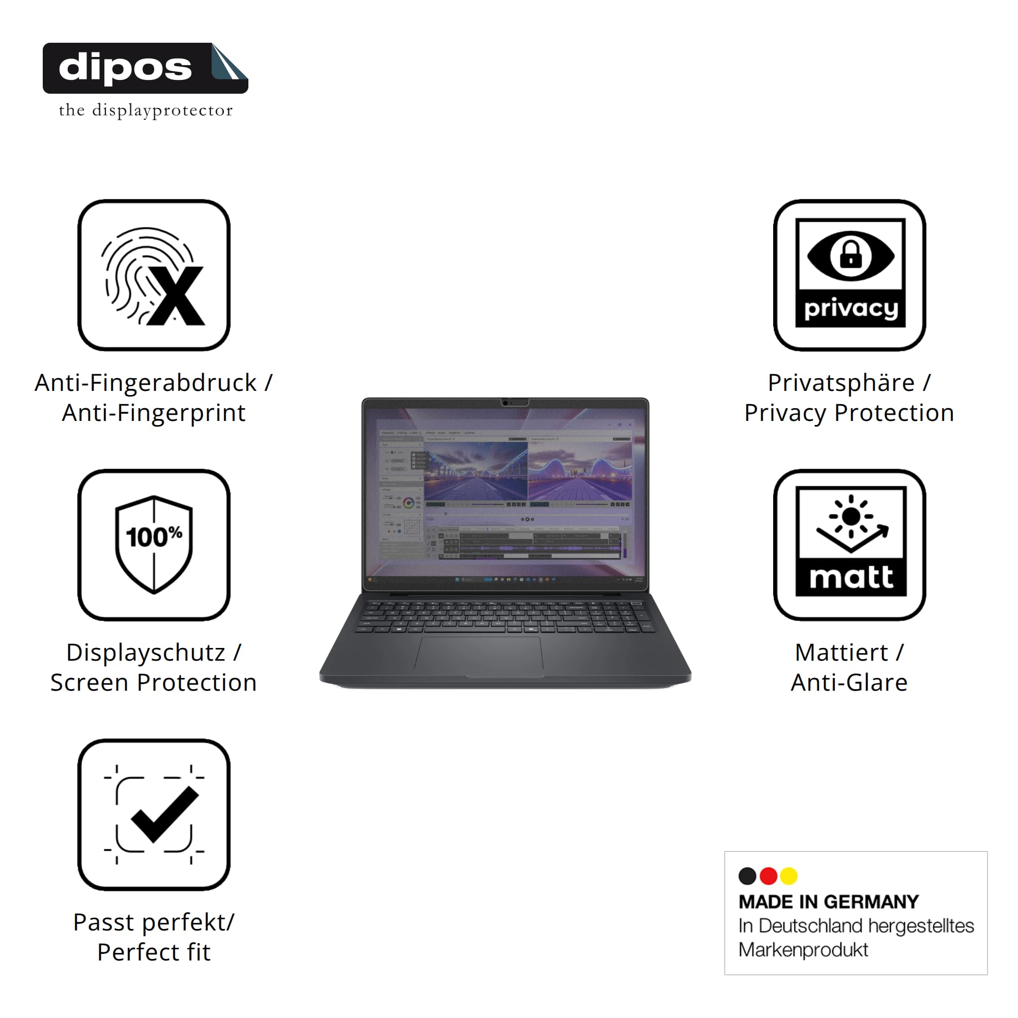 dipos Blickschutzfolie für Dell Pro Max 16 MC16250 | Displayschutz matt mit 4-Wege Sichtschutz-Effekt, Privacy Filter, passt perfekt, kratzfest, blasenfrei, selbstklebend