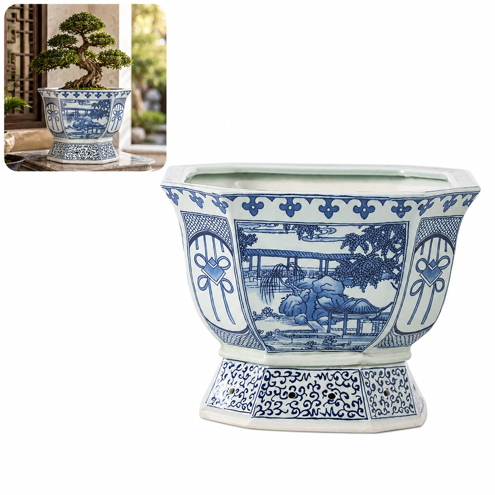 Blue and White Porcelain Flower Pot Pattern Ceramic Planter with Drainage, Decorative Indoor Outdoor Garden Pots (blue,22.5 * 19cm)