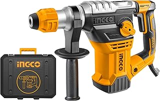 INGCO Rotary Hammer, One Button with 4 Functions, SDS-Plus Heavy Duty Drill, 1500 W | 4400bpm | 5.5J with Vibration Control and Safety Clutch Including 3 drills and 2 chisels, Yellow & Black