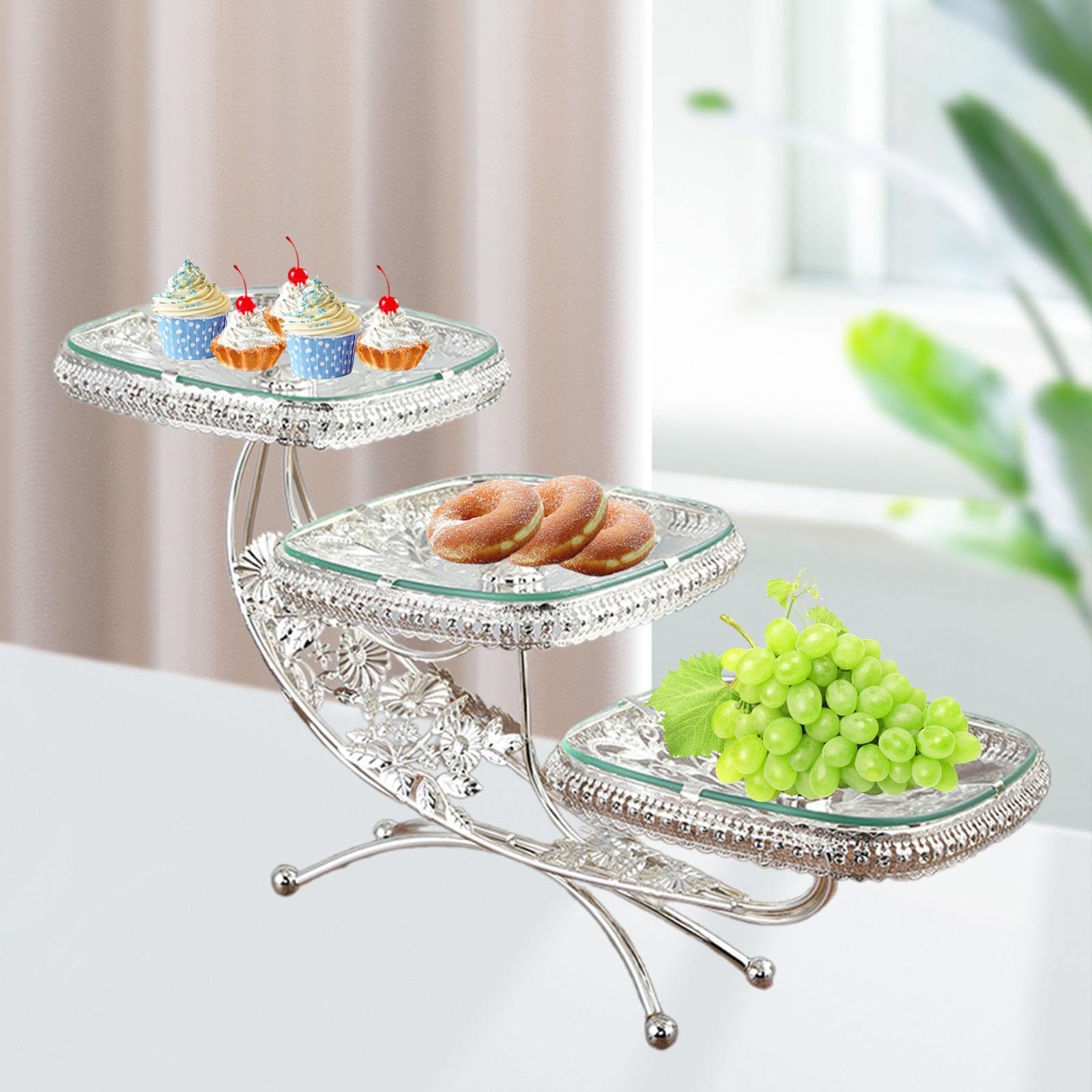 Soporte para Cupcakes de Niveles Bandeja de Postres con Diseño Artístico Estructura Metálica Y Vidrio Resistente Adecuado para Fiestas, Plata, Individual