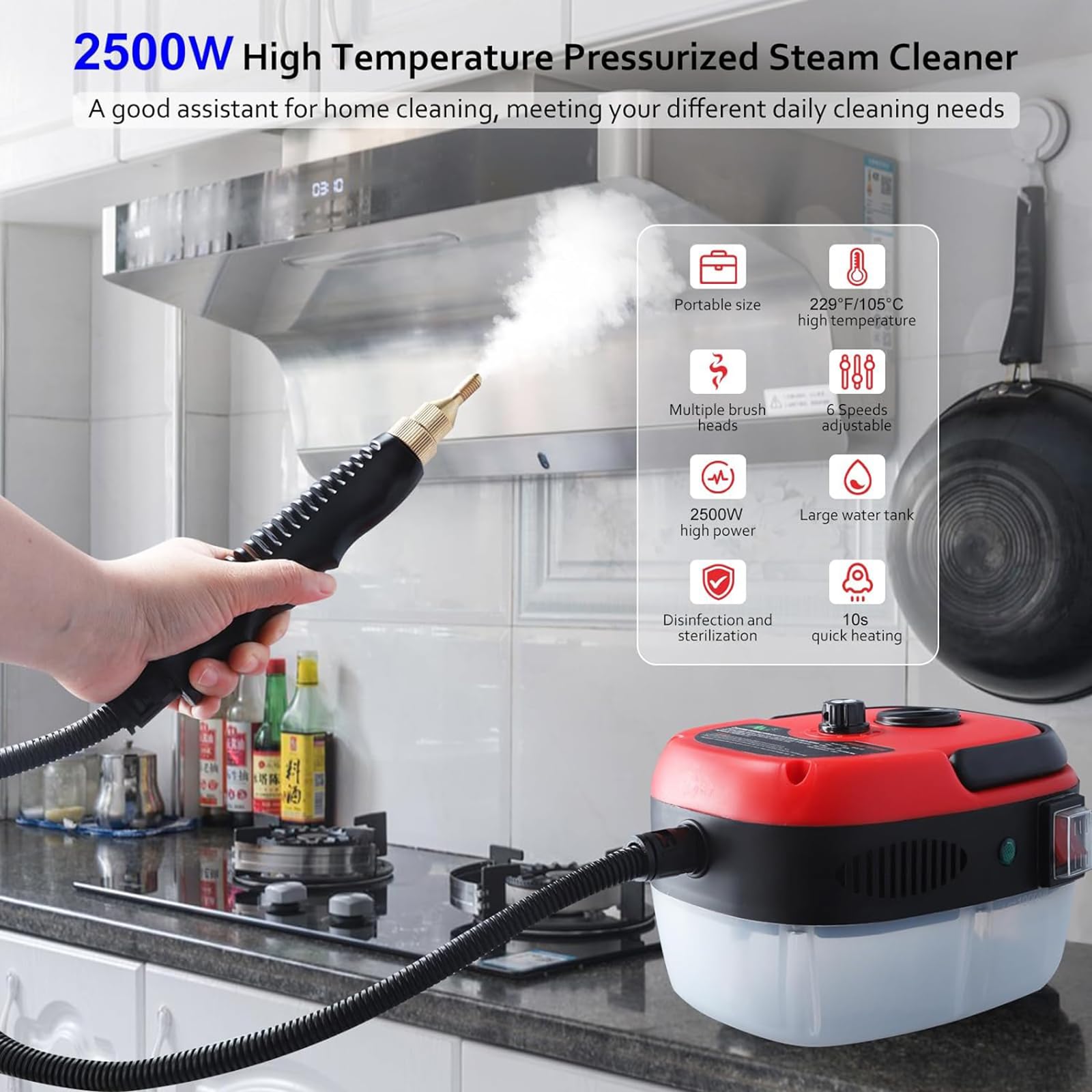 McbeAn Steam Cleaners, 2500W Handheld Steam Cleaner with 3 Brush Heads, 6-Level Adjustment, 3BAR Steam, for Home Use Grout Tile Car Detailing Kitchen Bathroom