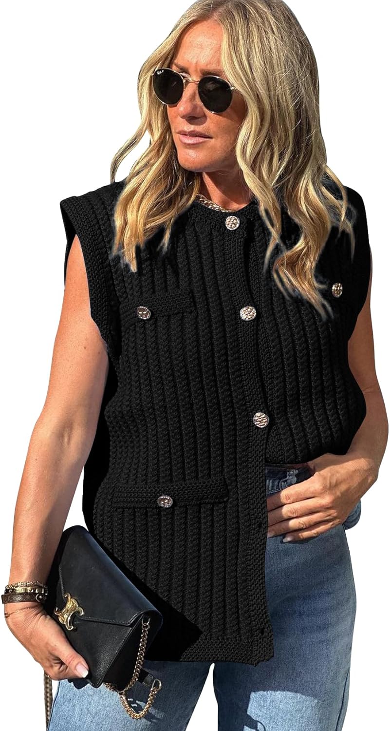 PEHMEA Women's Crochet Chunky Knit Top Sleeveless Button Down Tops Trendy Cardigan Sweater Vest for Women - Image 2