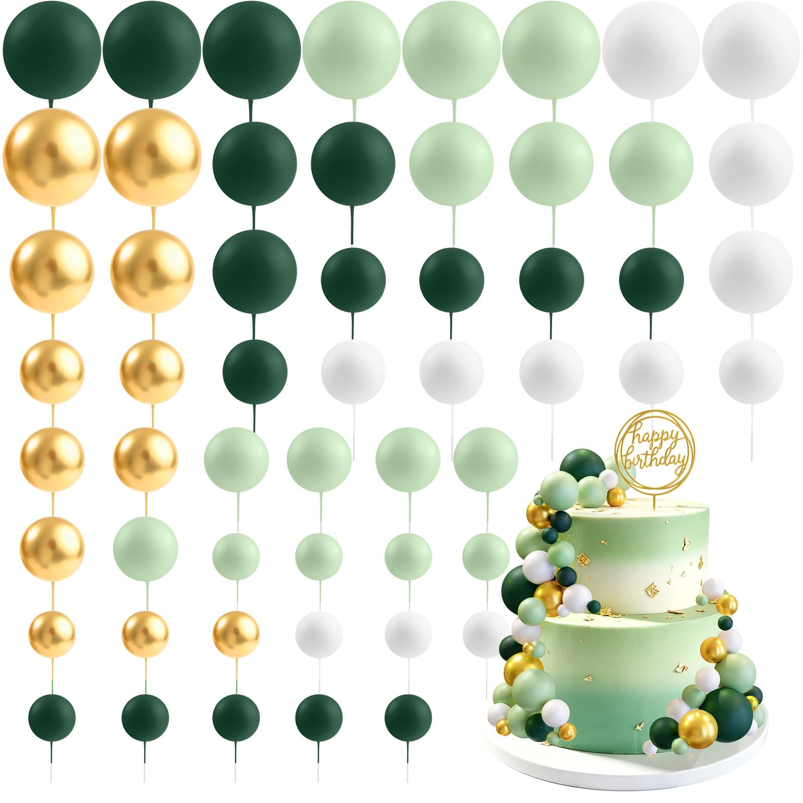 CHRORINE 55 Pcs Balls Cake Topper Decorations Mini Balloon Cupcake Toppers Foam Balls for Cake Decorating Birthday Parties Weddings Anniversary Baby Shower (Green White Gold) — image 1