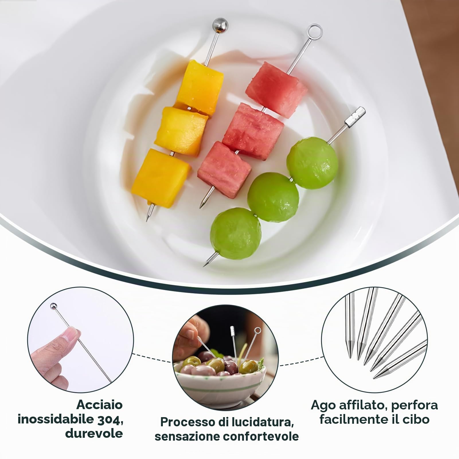 30 Pezzi Stuzzicadenti in Acciaio Inox, Bastoncini da Cocktail per Barbecue Snack, Decorazioni Bastoncini Frutta Riutilizzabili Spiedini Metallico, Accessori Feste e Eventi, Facili Pulire Riutilizzare