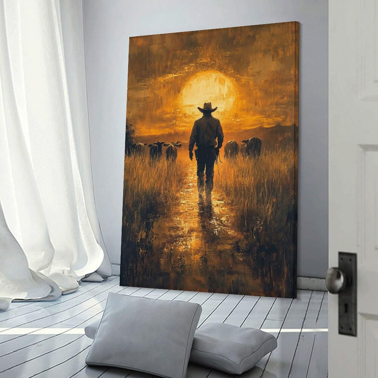 Junmoney Frame-Style-10 Cowboy At Sunset Canvas Wall Picture, 24X36inch(60X90cm), For Study, Office Or Focused Interiors, Home Office Artwork With Decorative Appeal