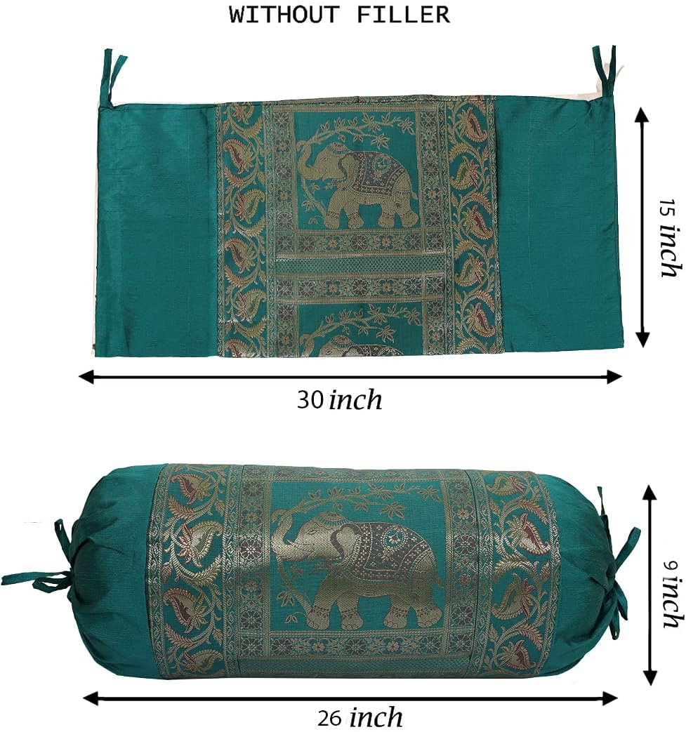 Ethnic Jacquard Brocade Silk Bolster Tube Pillow Covers Elephant Dark Green Yoga Massand Living Room Decorative Cylindrical Hotdog Traditional Throw Pillowcase 76x38 cm - Set of 2 Pcs