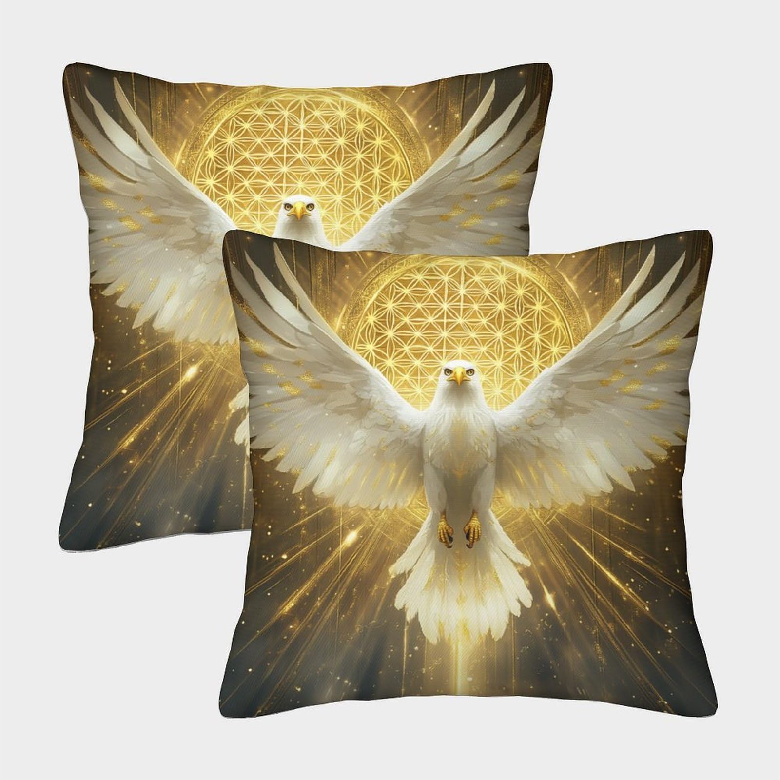 kaiyun 2 Pack White Eagle with Golden Wings Cushion 3D Flower of Life Soft Touch Pillowcase,sofa Chair Home Furnishings 45x45cm