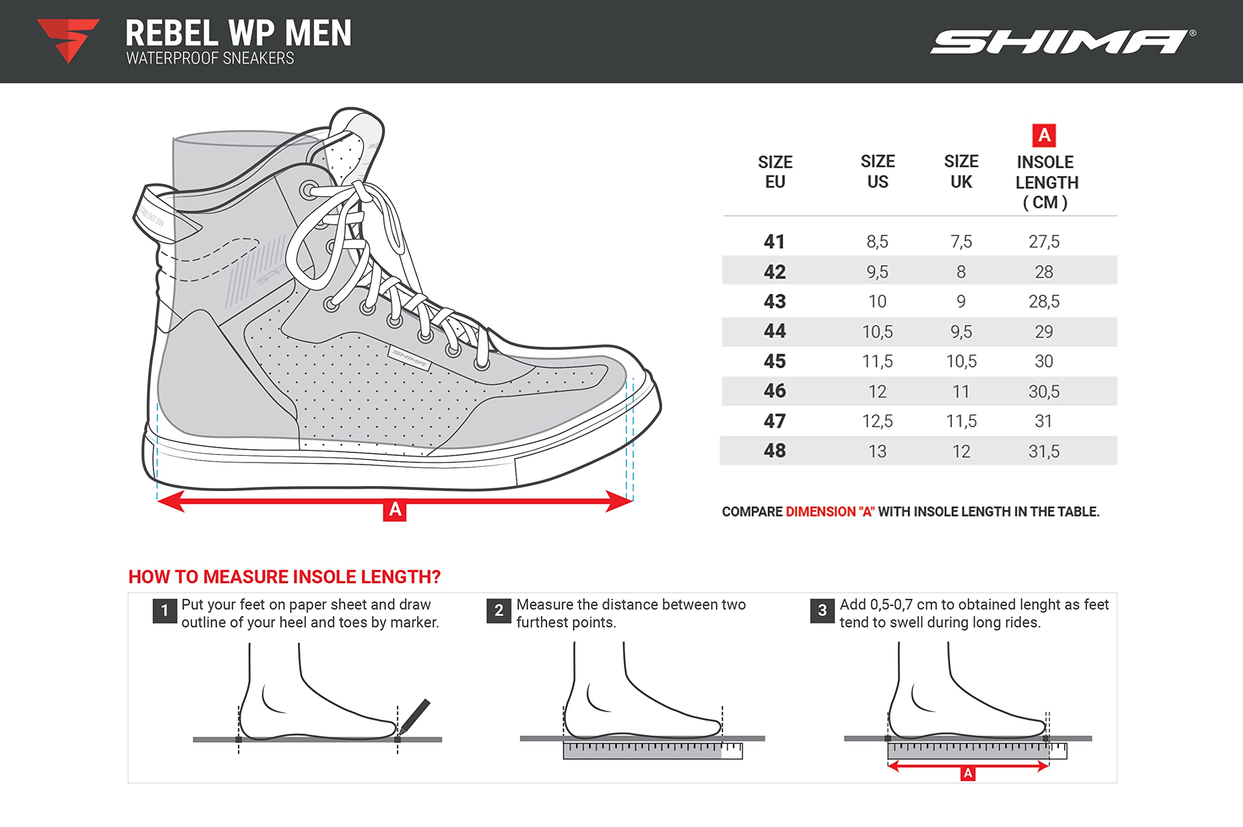 SHIMA Rebel WP, Wasserdichte Motorradschuhe Herren - Verstärkte Motorrad Sneakers mit Seitlichem Reißverschluss, Knöchelstütze, Anti Rutsch Sohle, Schaltgriff (Schwarz, 43)
